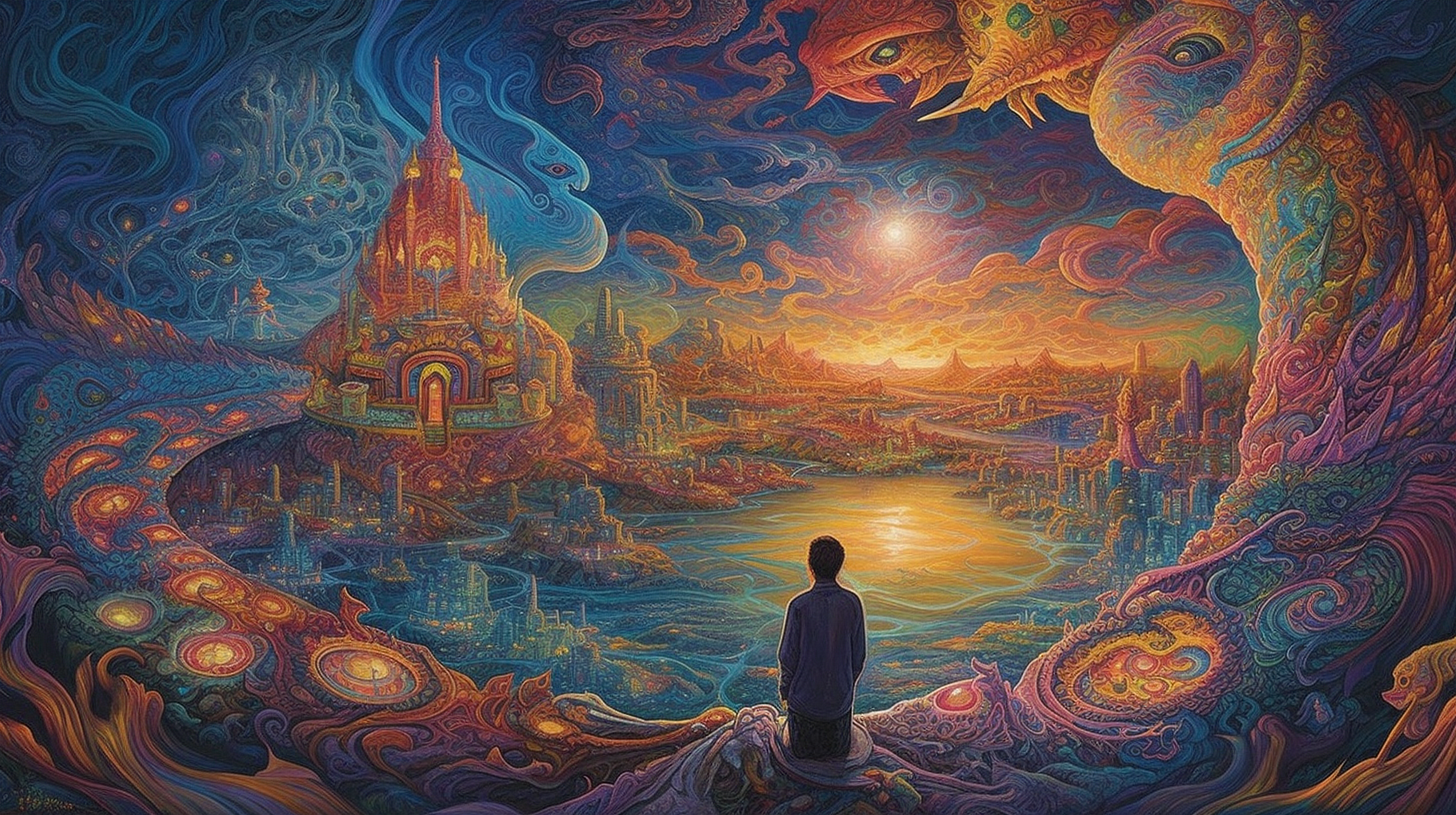 a man looking at a colorful landscape