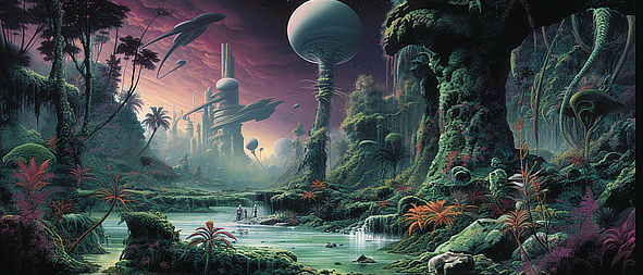 a landscape with a river and a group of people standing in front of them