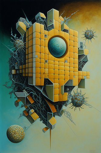 a yellow and blue cube with a blue sphere surrounded by cells