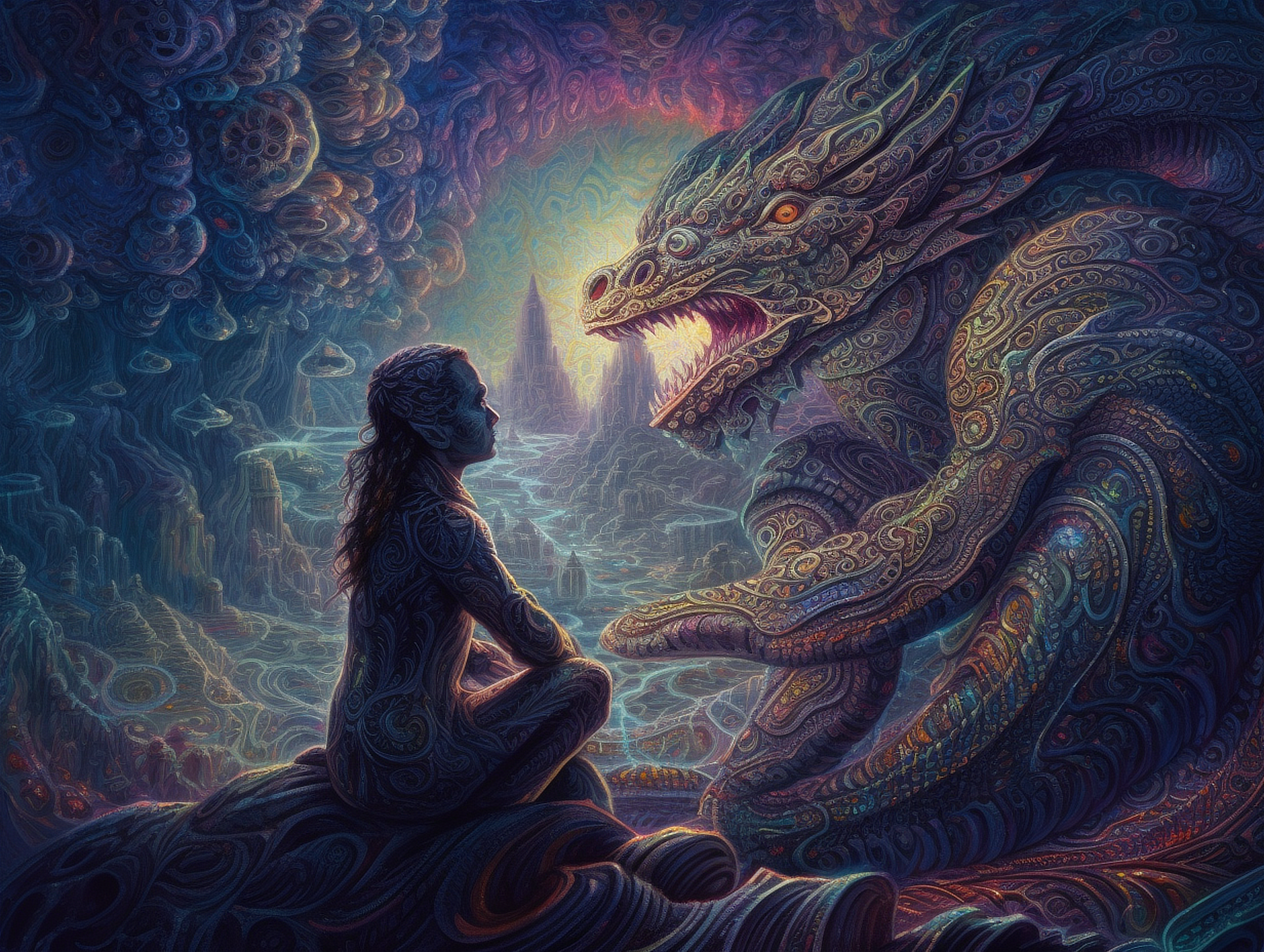 a woman sitting on a rock looking at a large dragon