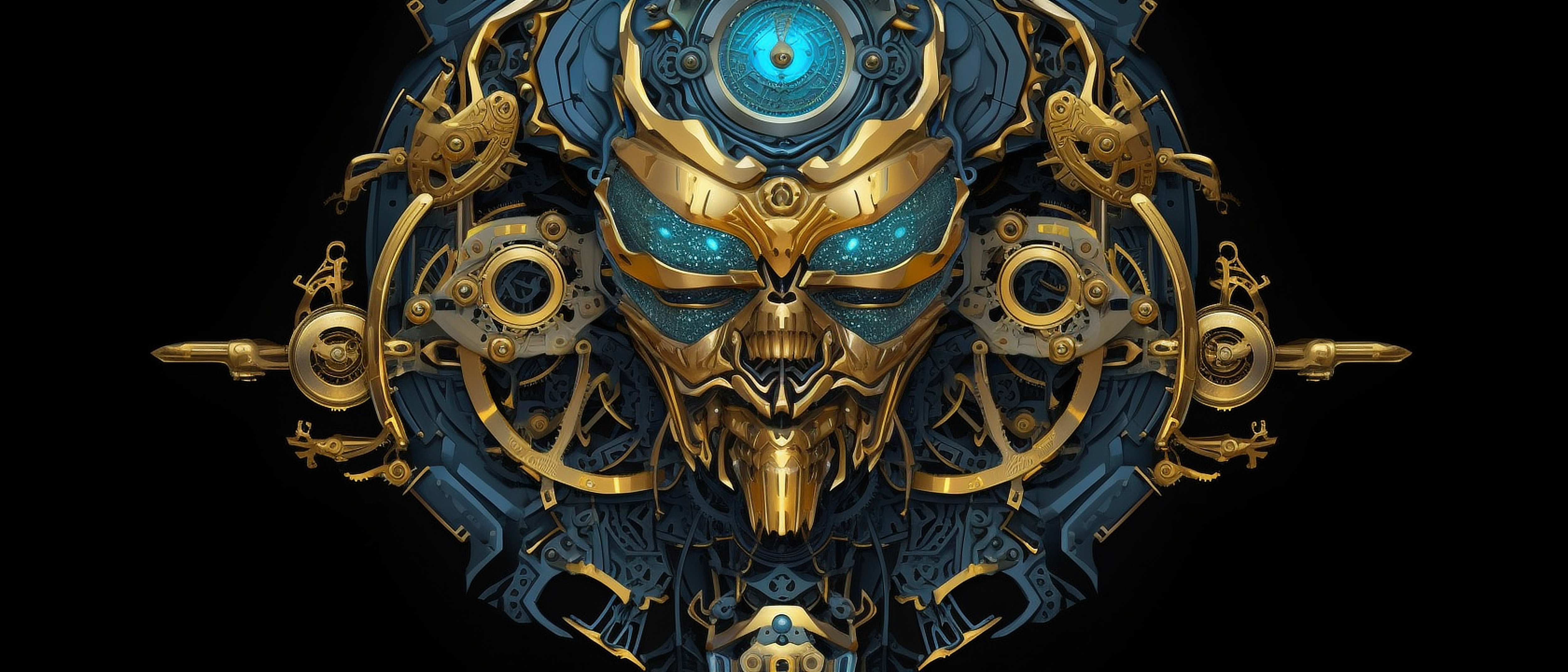 a robot head with a blue and gold face