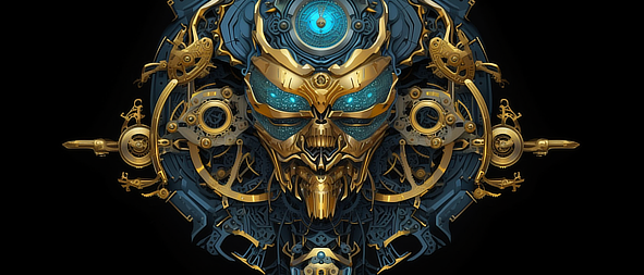 a robot head with a blue and gold face