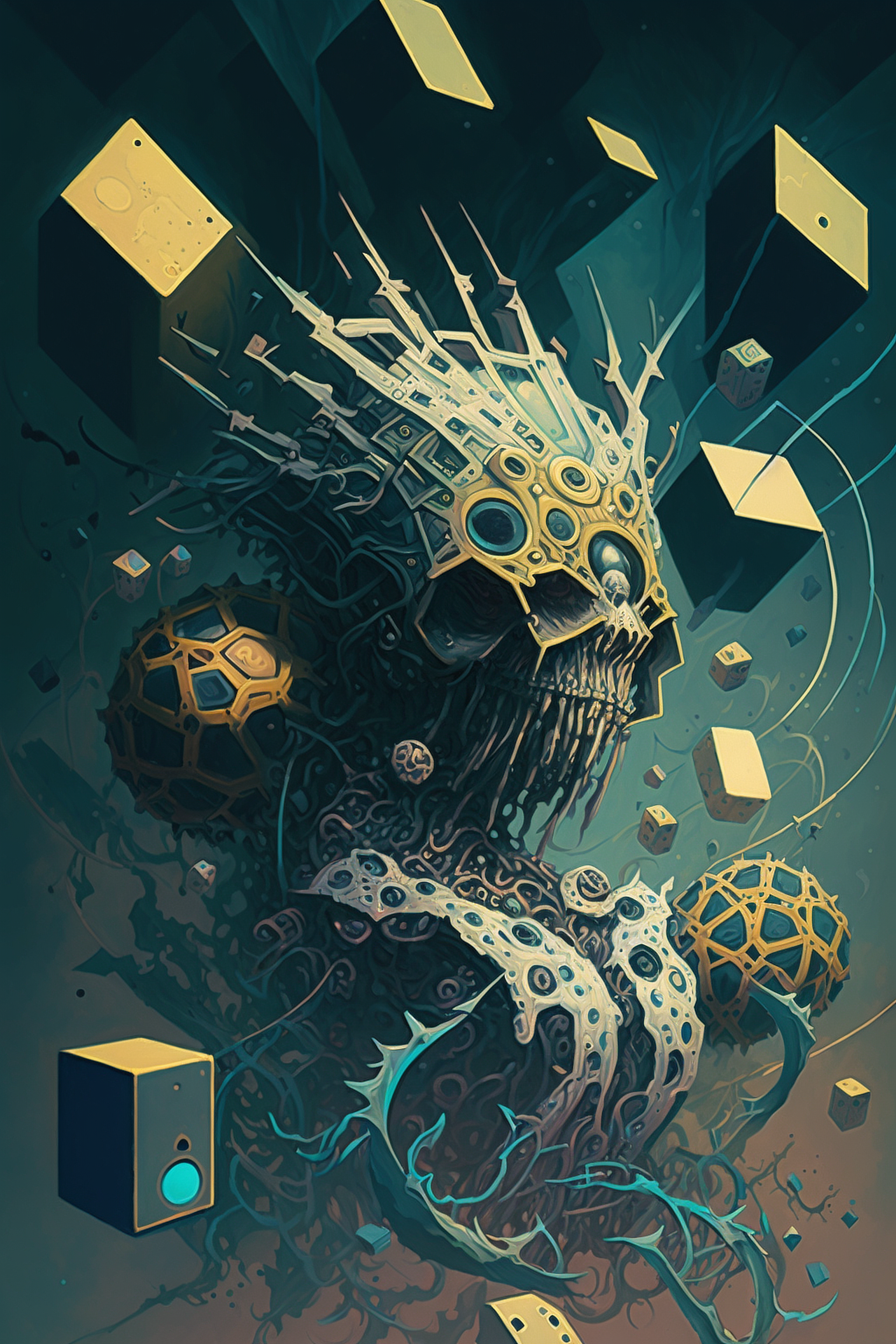 a artwork of a skull with many objects around it