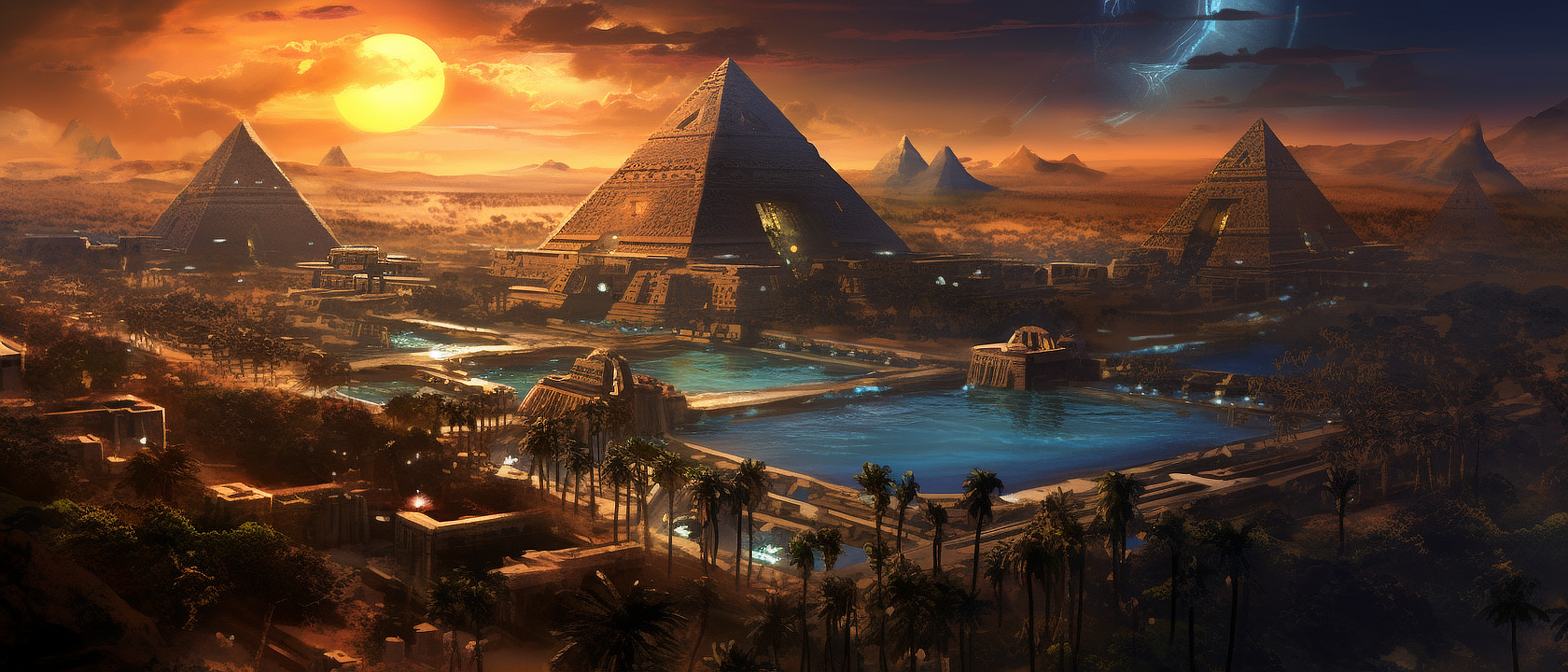 a pyramids and water pools in a desert