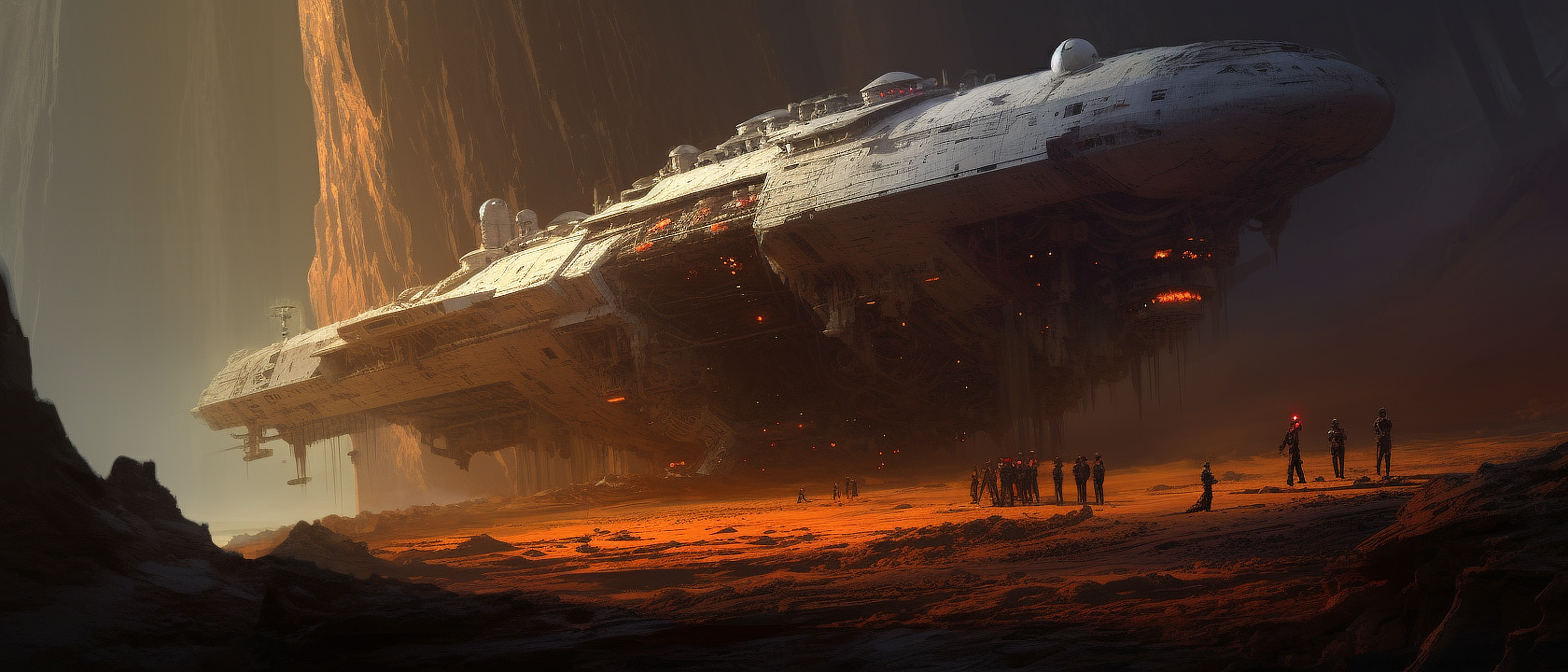 a group of people standing around a large space ship