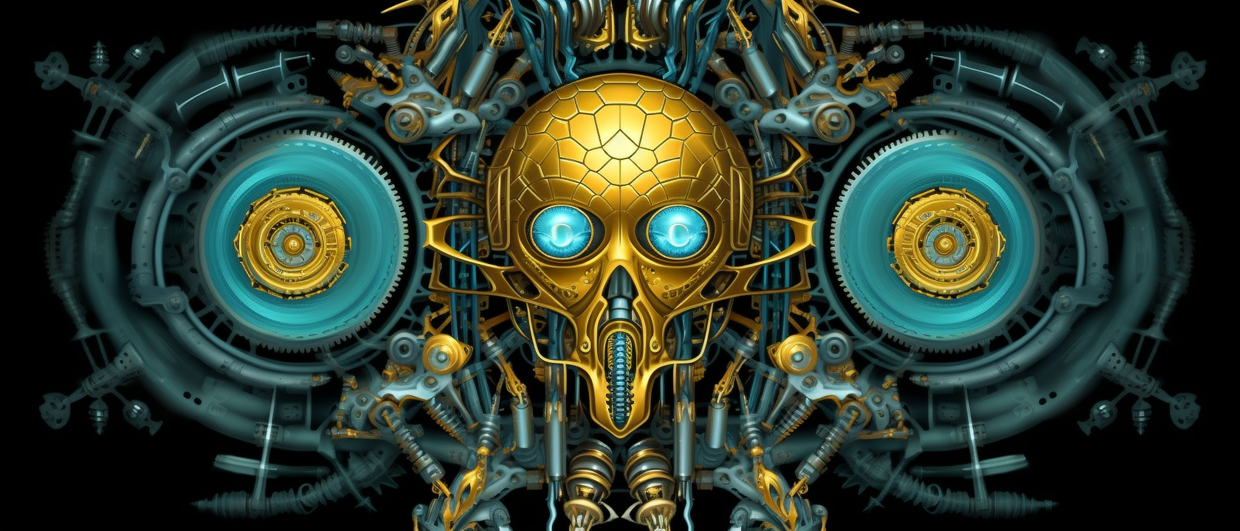 a gold skull with blue eyes and gears