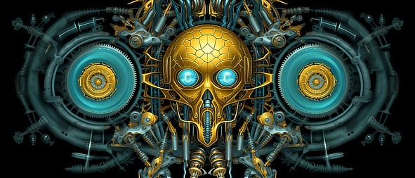a gold skull with blue eyes and gears