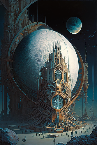 a large round building with a large white sphere in front of it