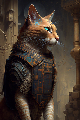 a cat wearing armor and a blue eye