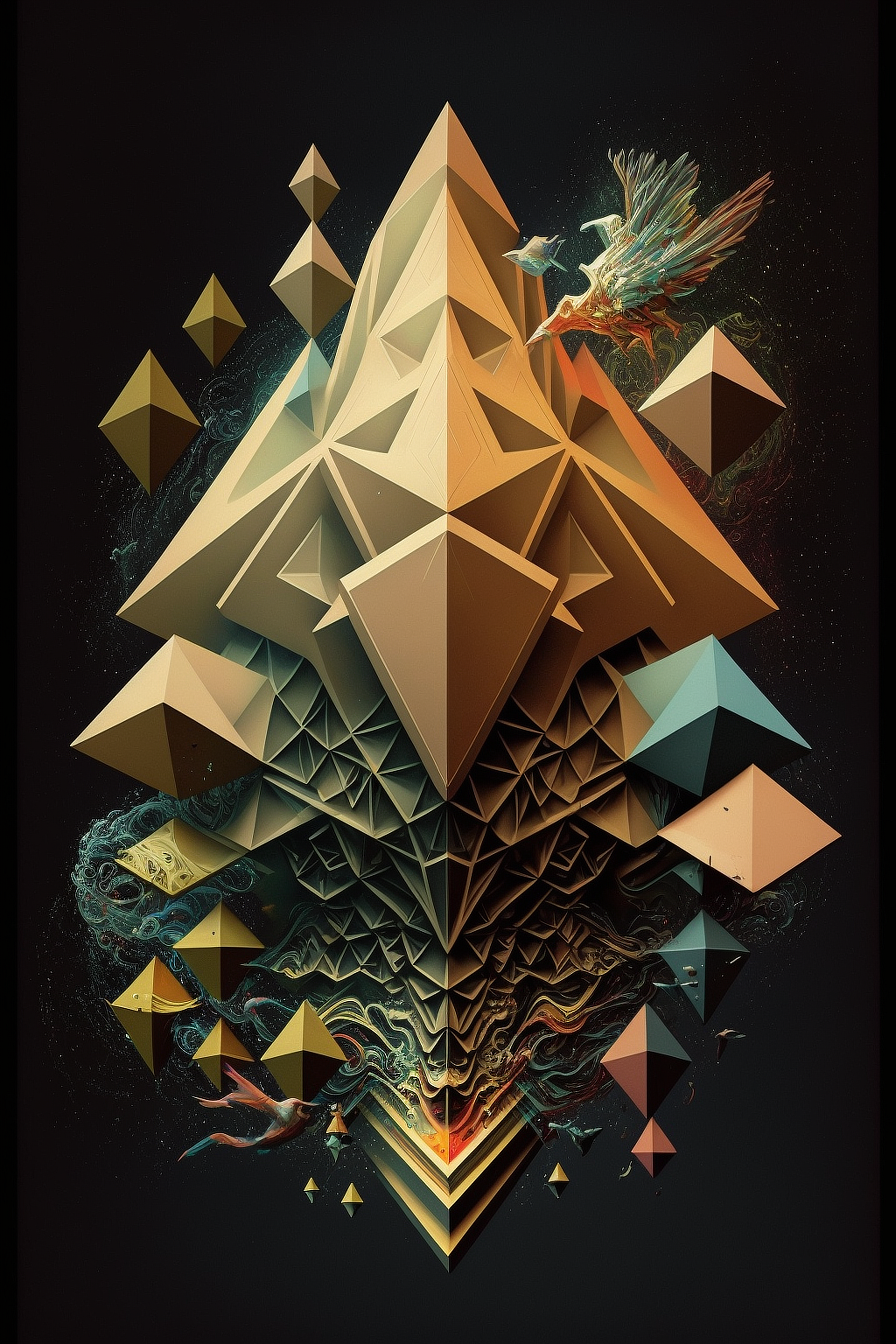a poster of a pyramid with various shapes