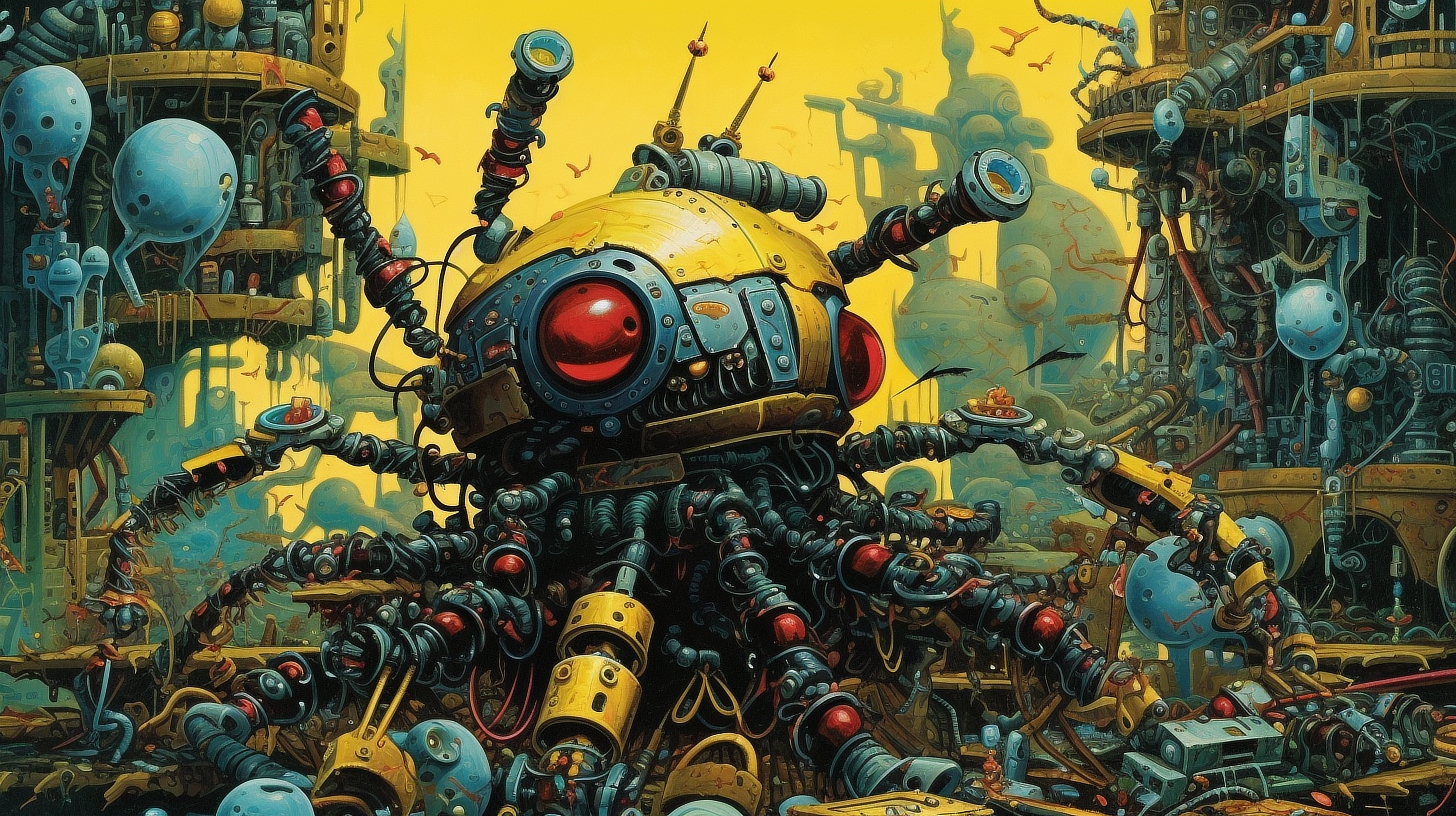 a artwork of a robot with many machines