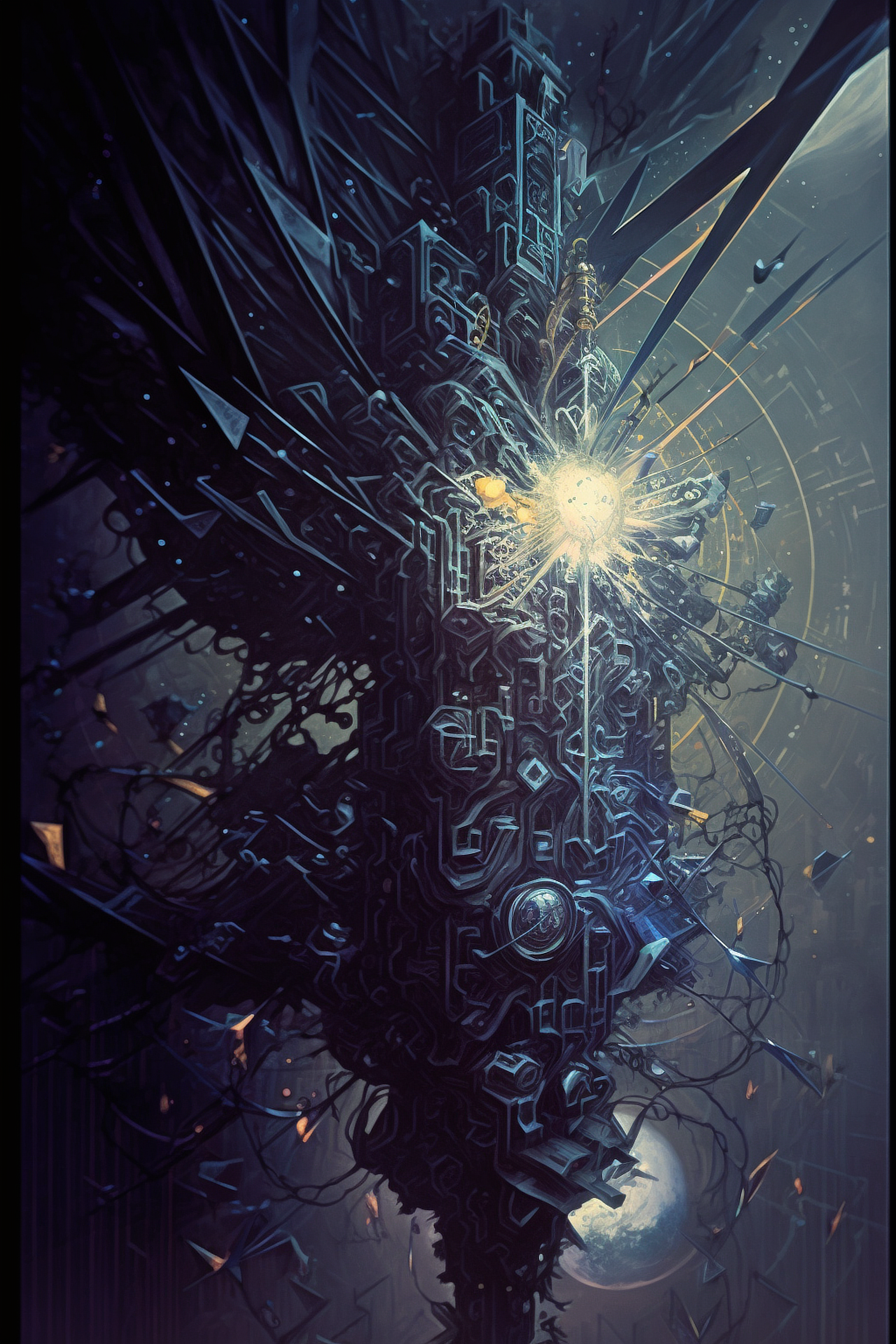 a computer generated artwork of a black tower with a bright light