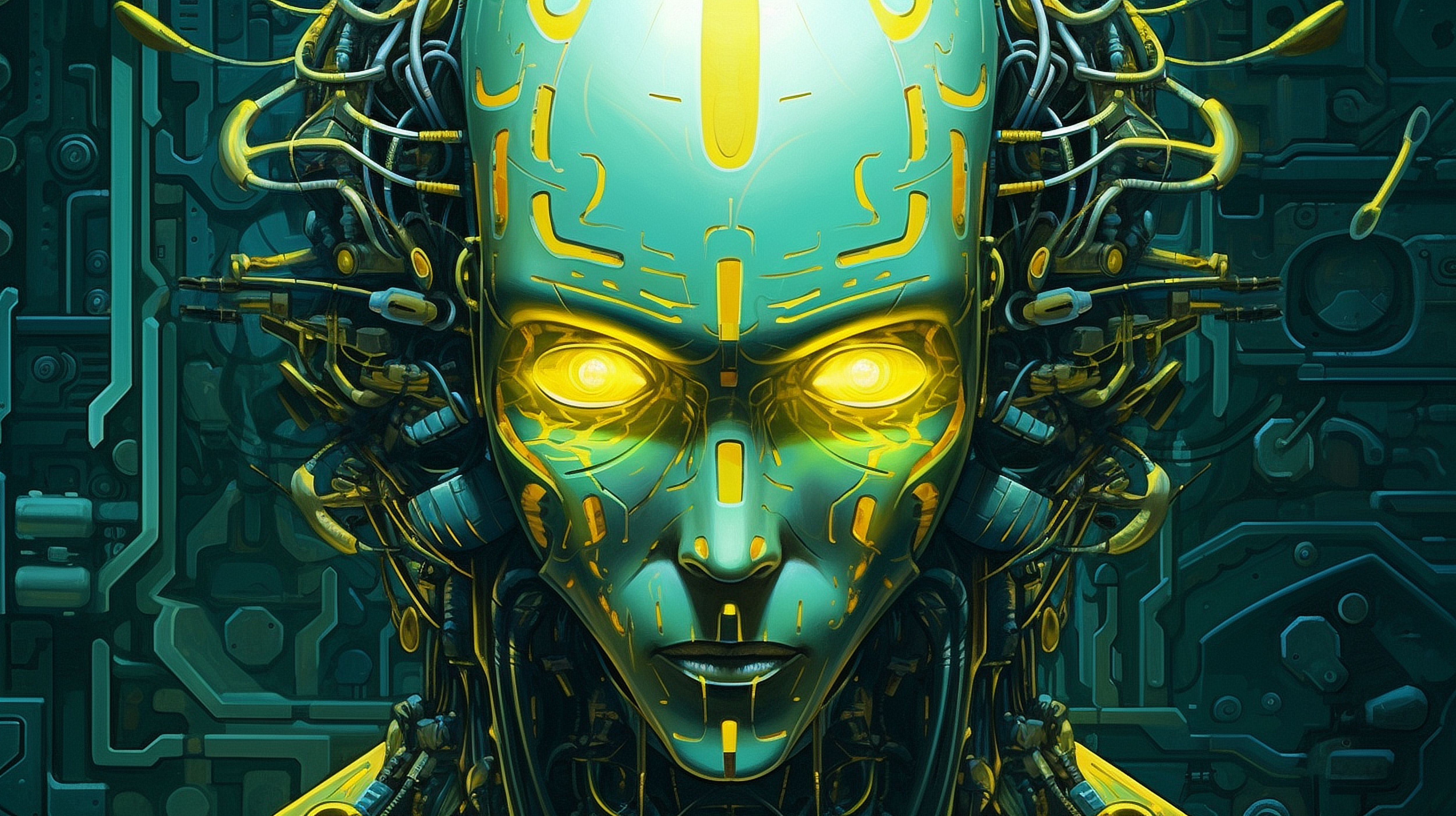 a robot with yellow eyes