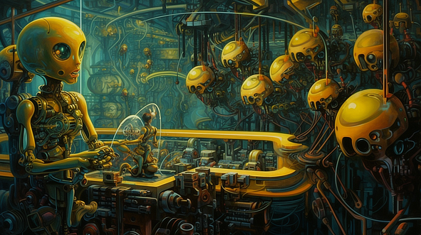 a artwork of a robot working on a machine