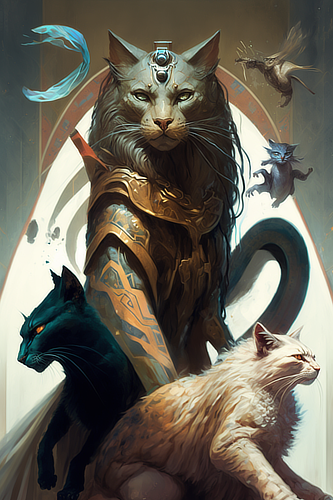 a cat with a feather and a cat with a cat in the back