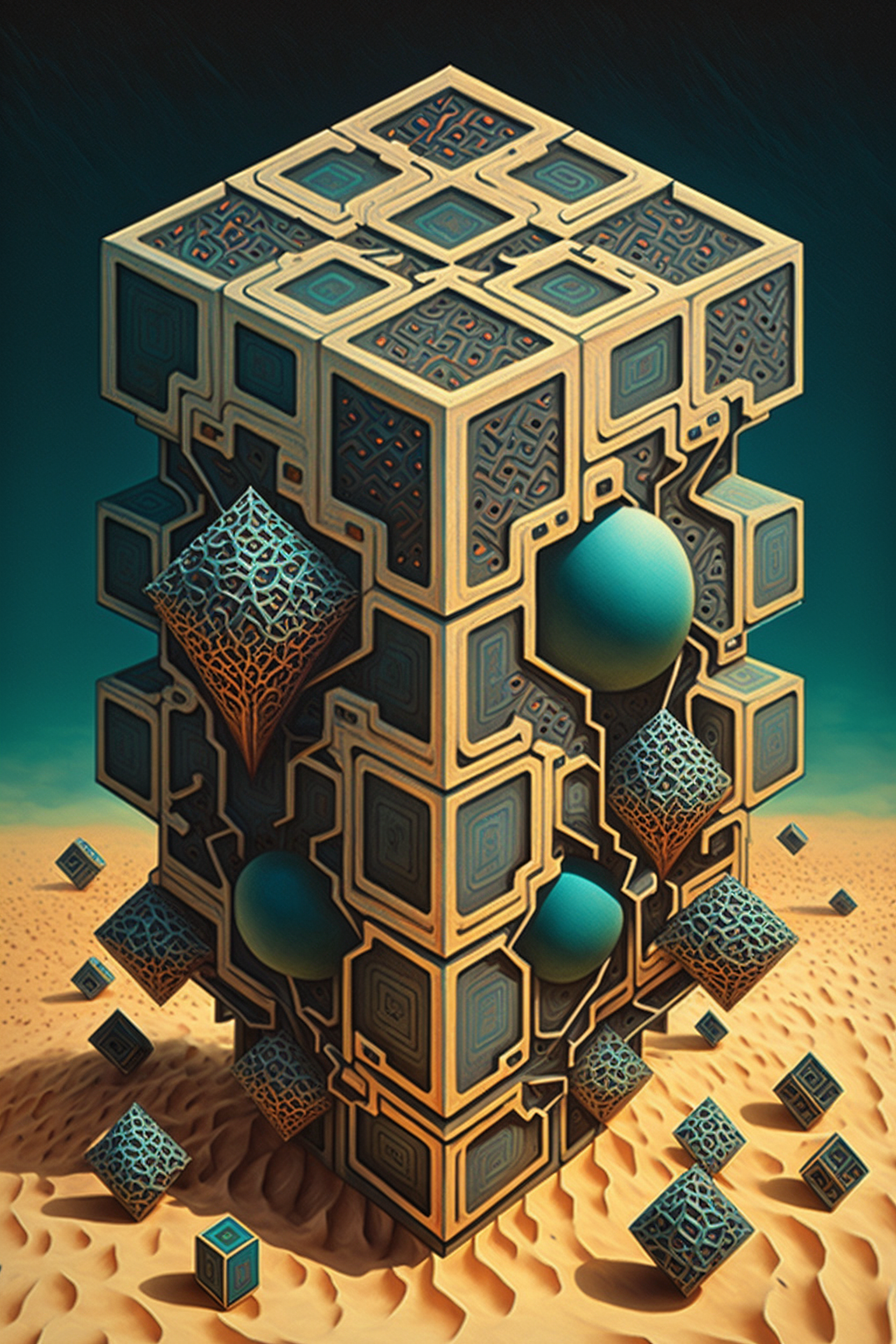 a computer generated artwork of a cube with many different shapes and patterns