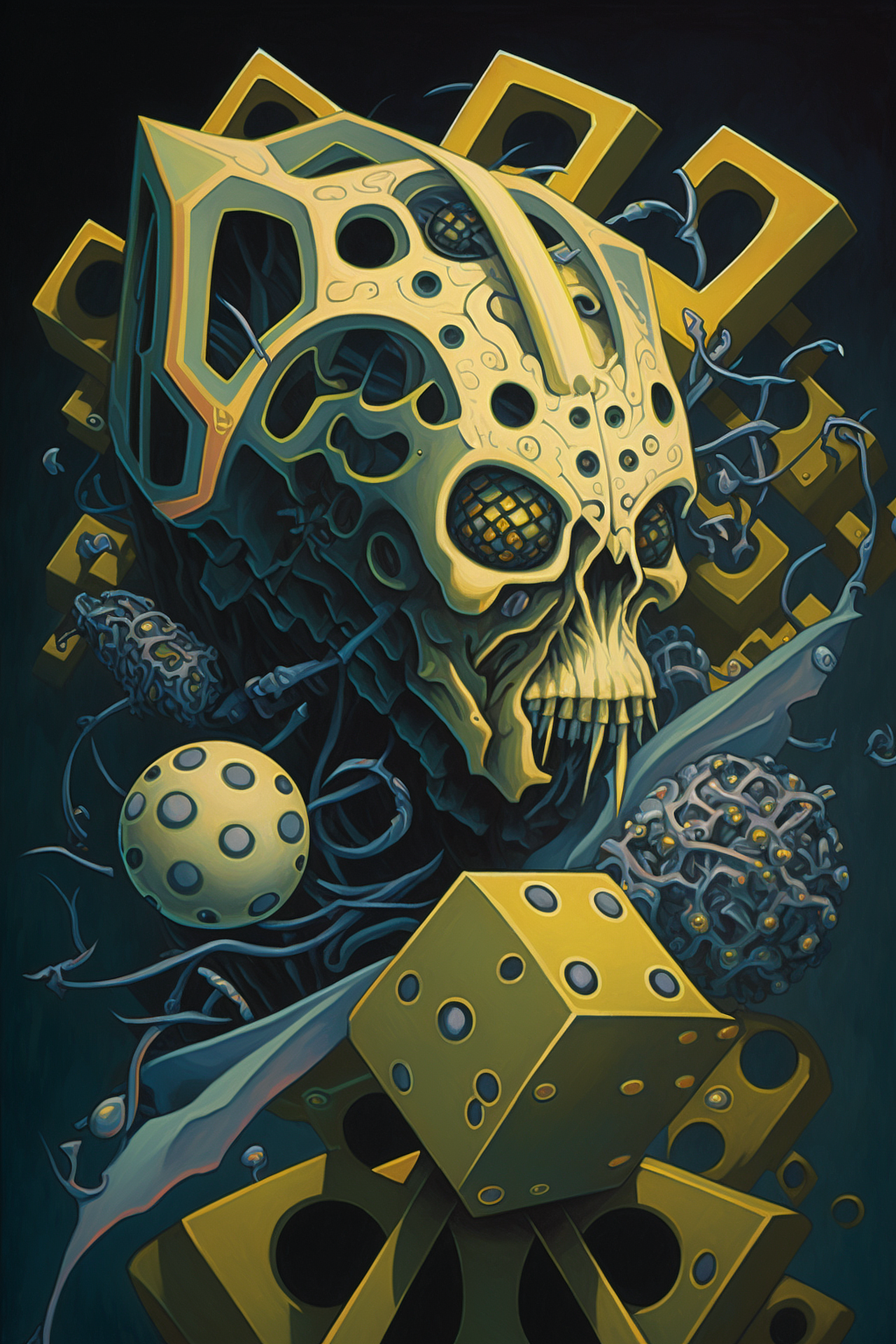 a skull with many objects around it