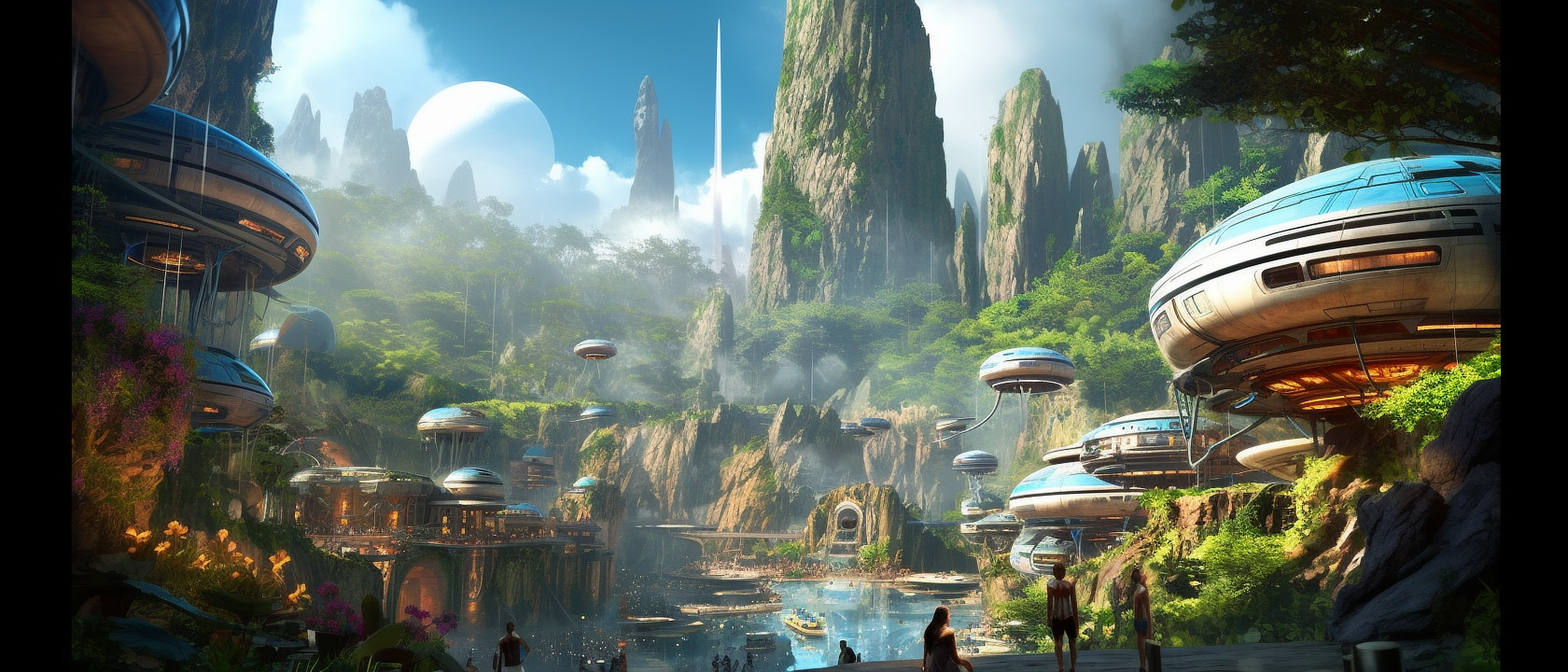 a group of people standing near a river