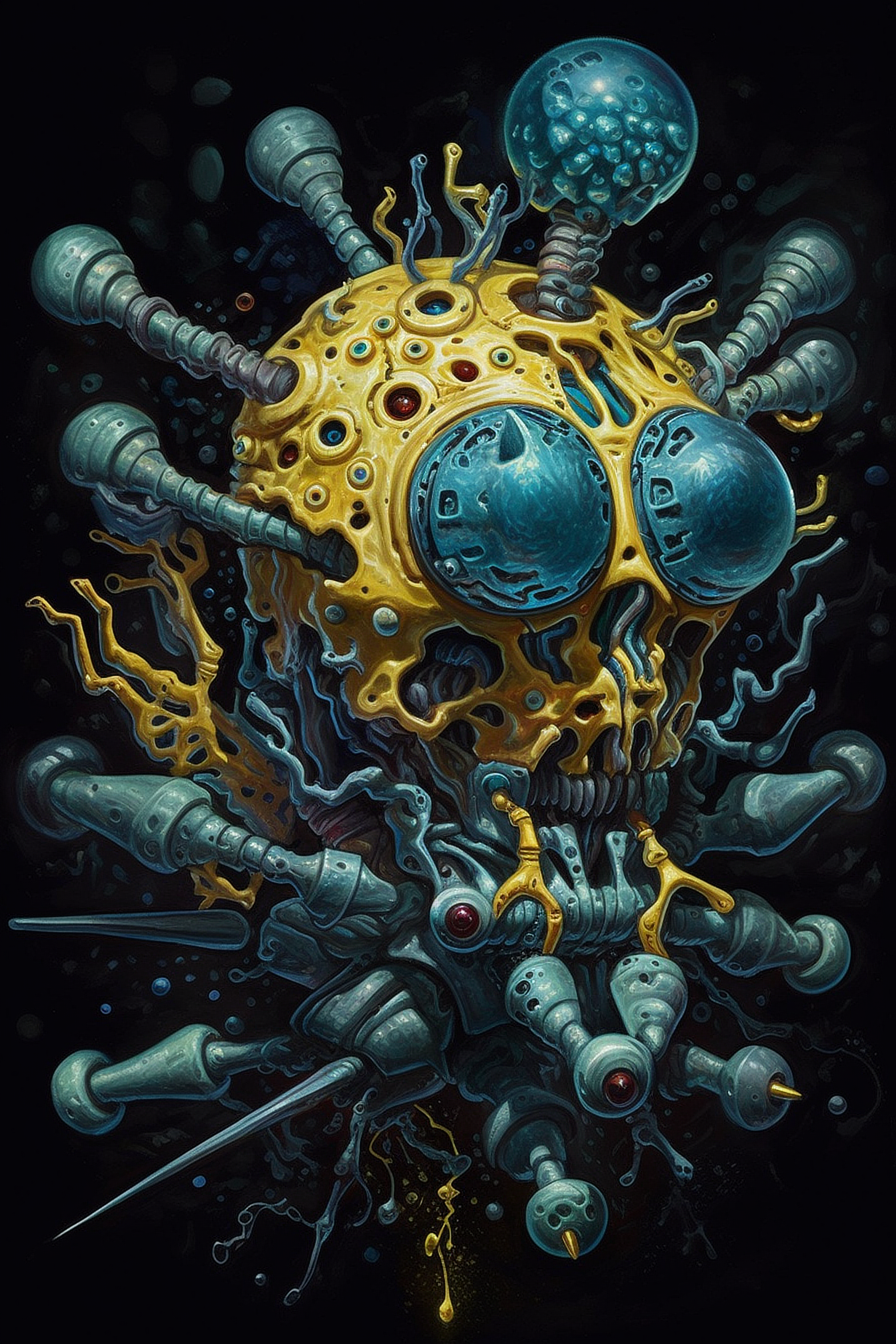 a yellow and blue robot with many round objects