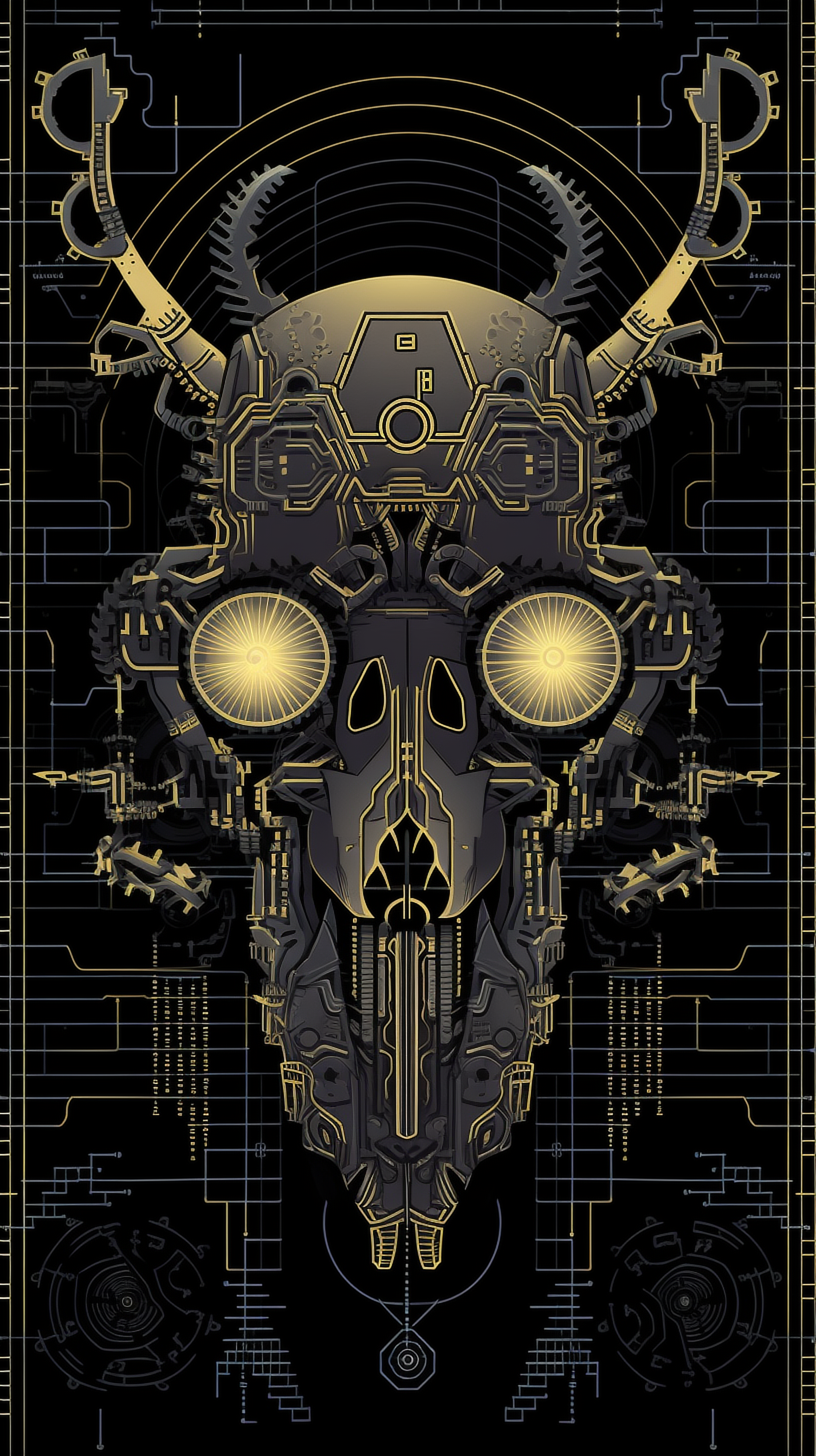 a black and gold skull with yellow circles and wires