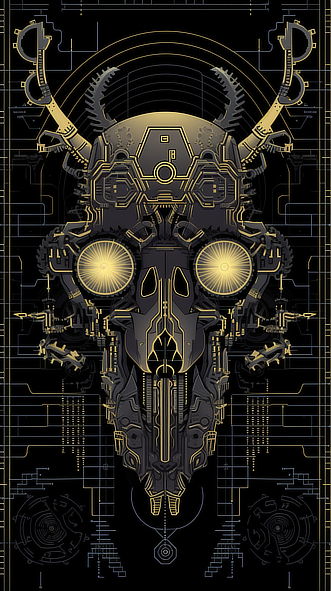 a black and gold skull with yellow circles and wires