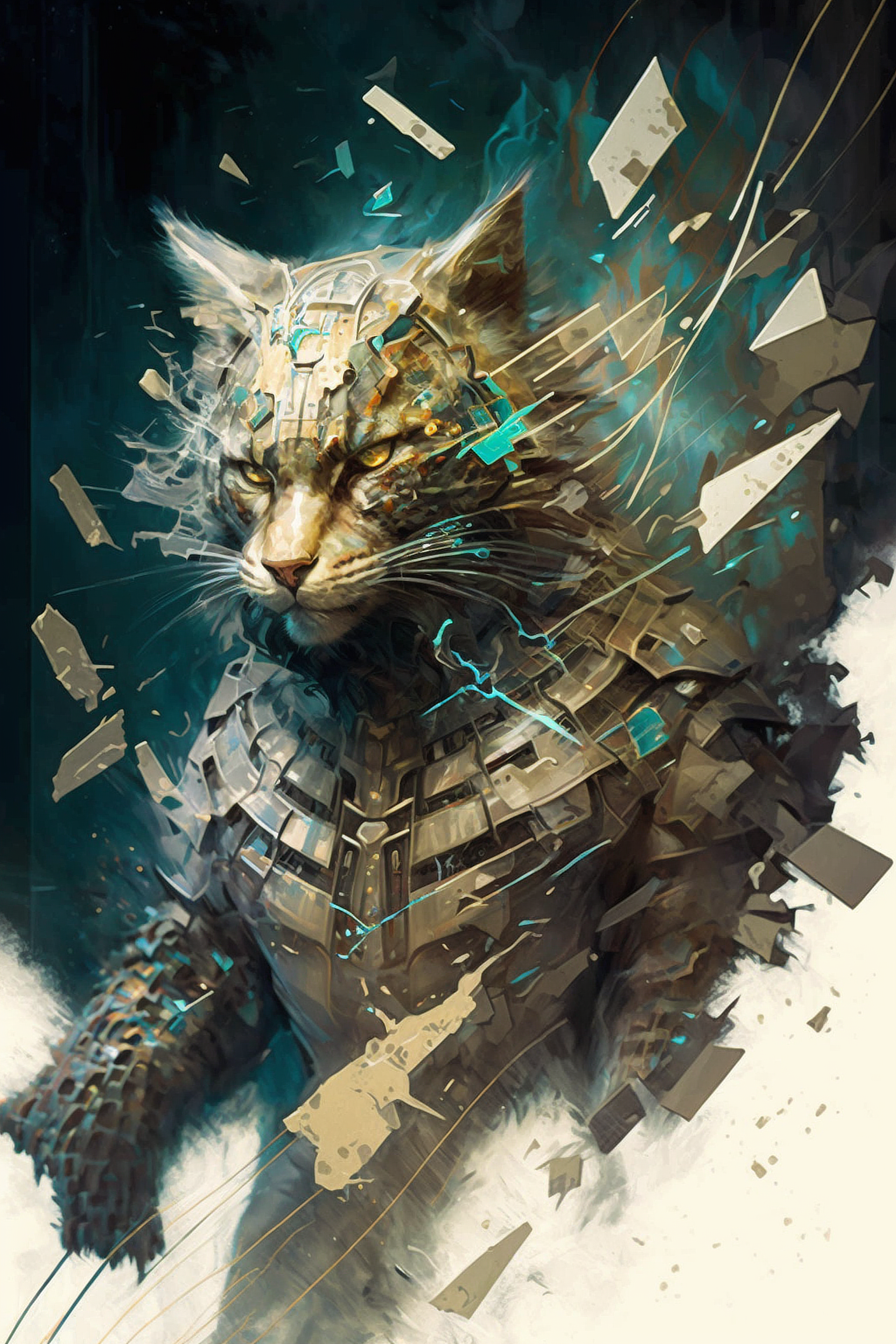 a cat in armor with lightning coming out of it