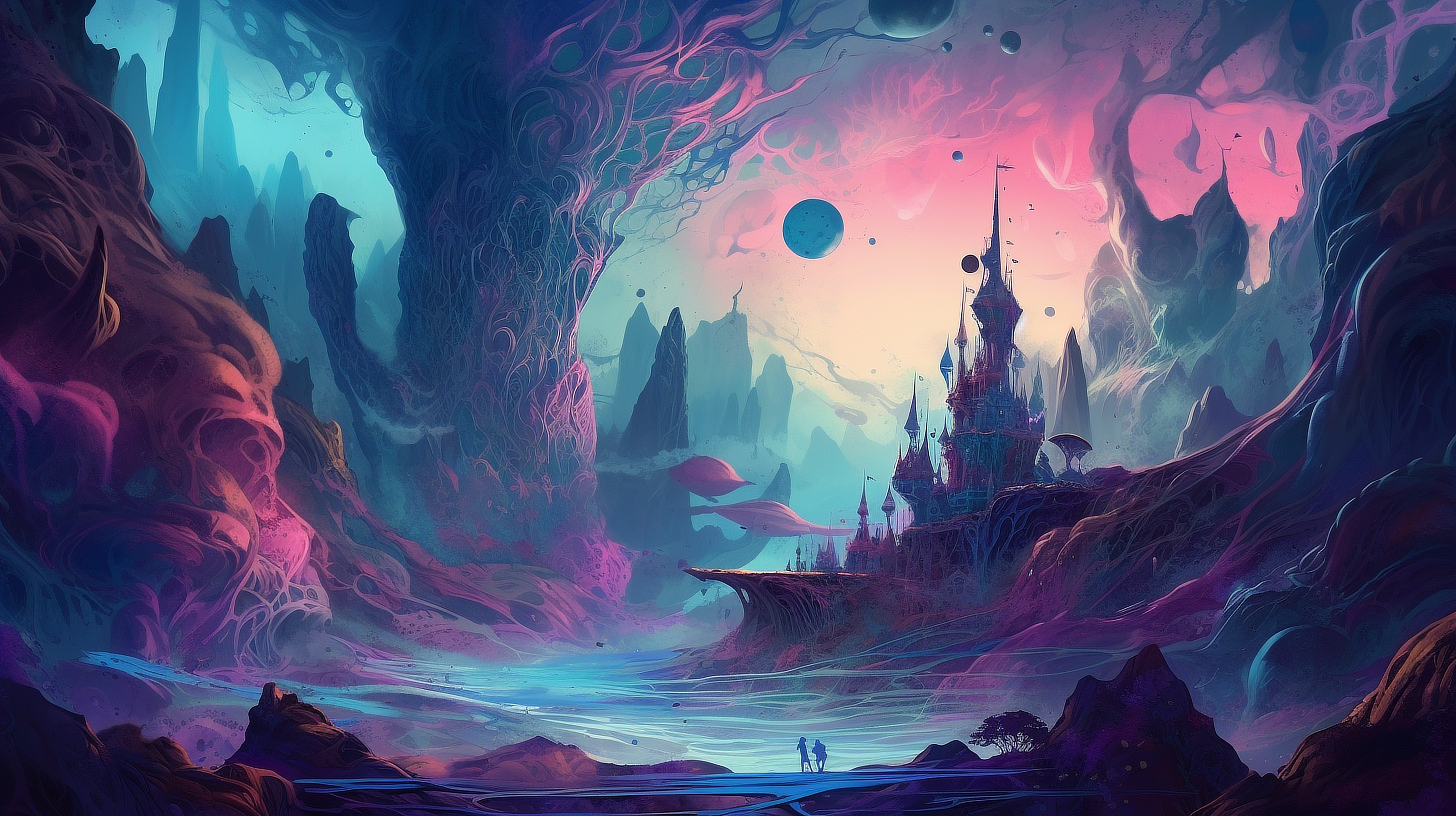 a fantasy landscape with a castle and a river