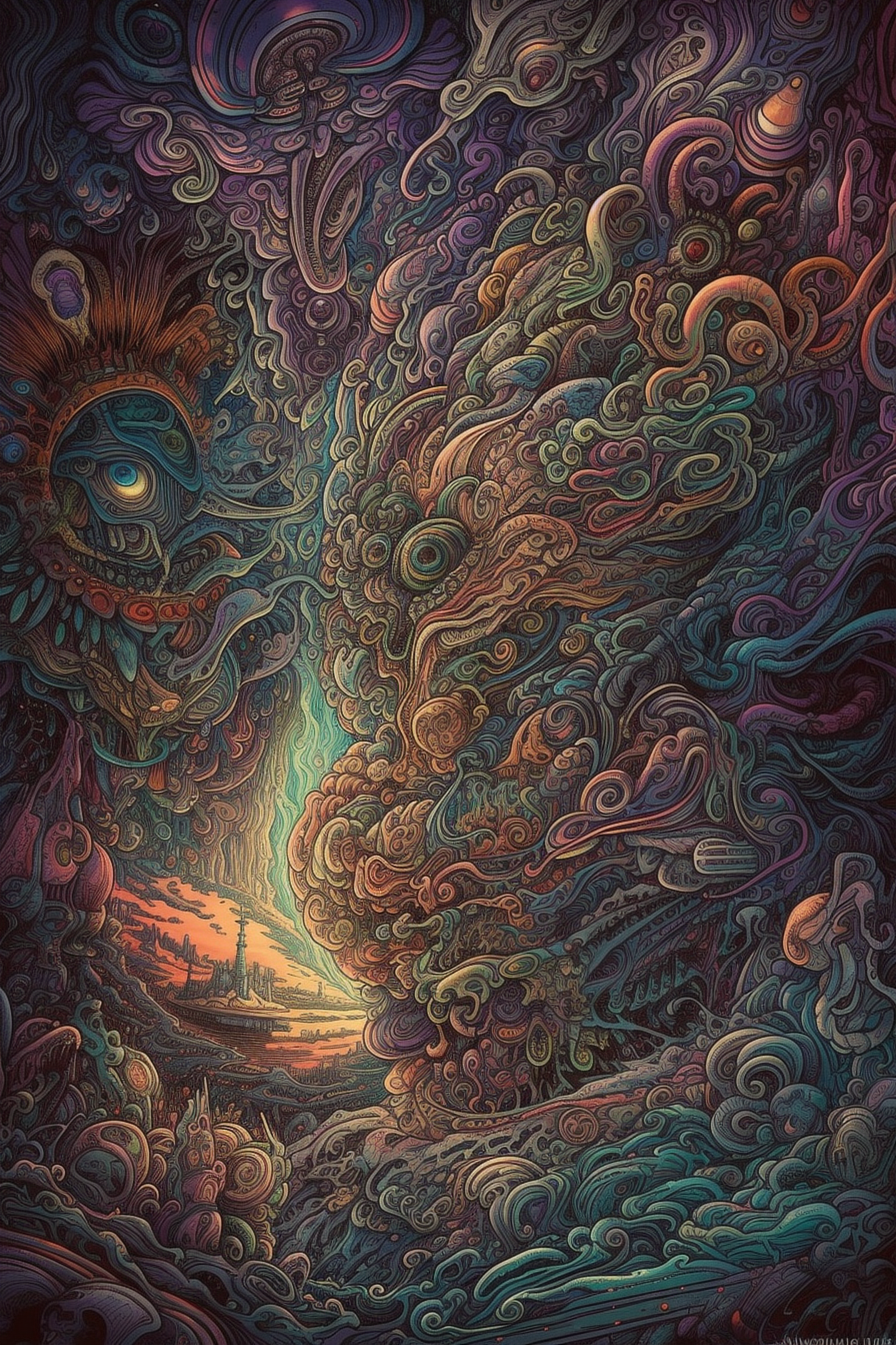 a colorful art with a landscape and a city