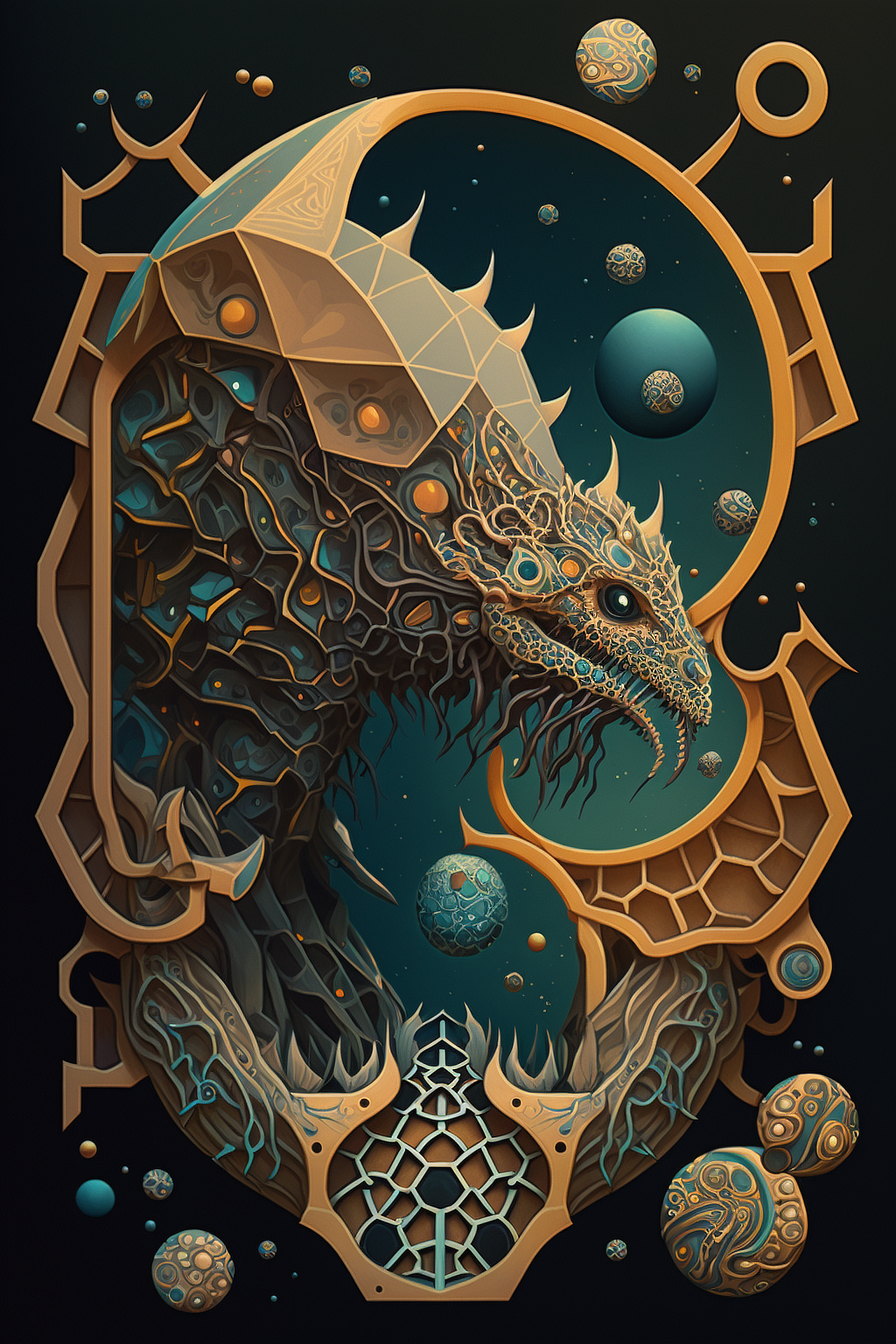 a artwork of a lizard with a gold frame