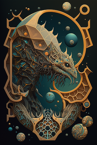 a artwork of a lizard with a gold frame