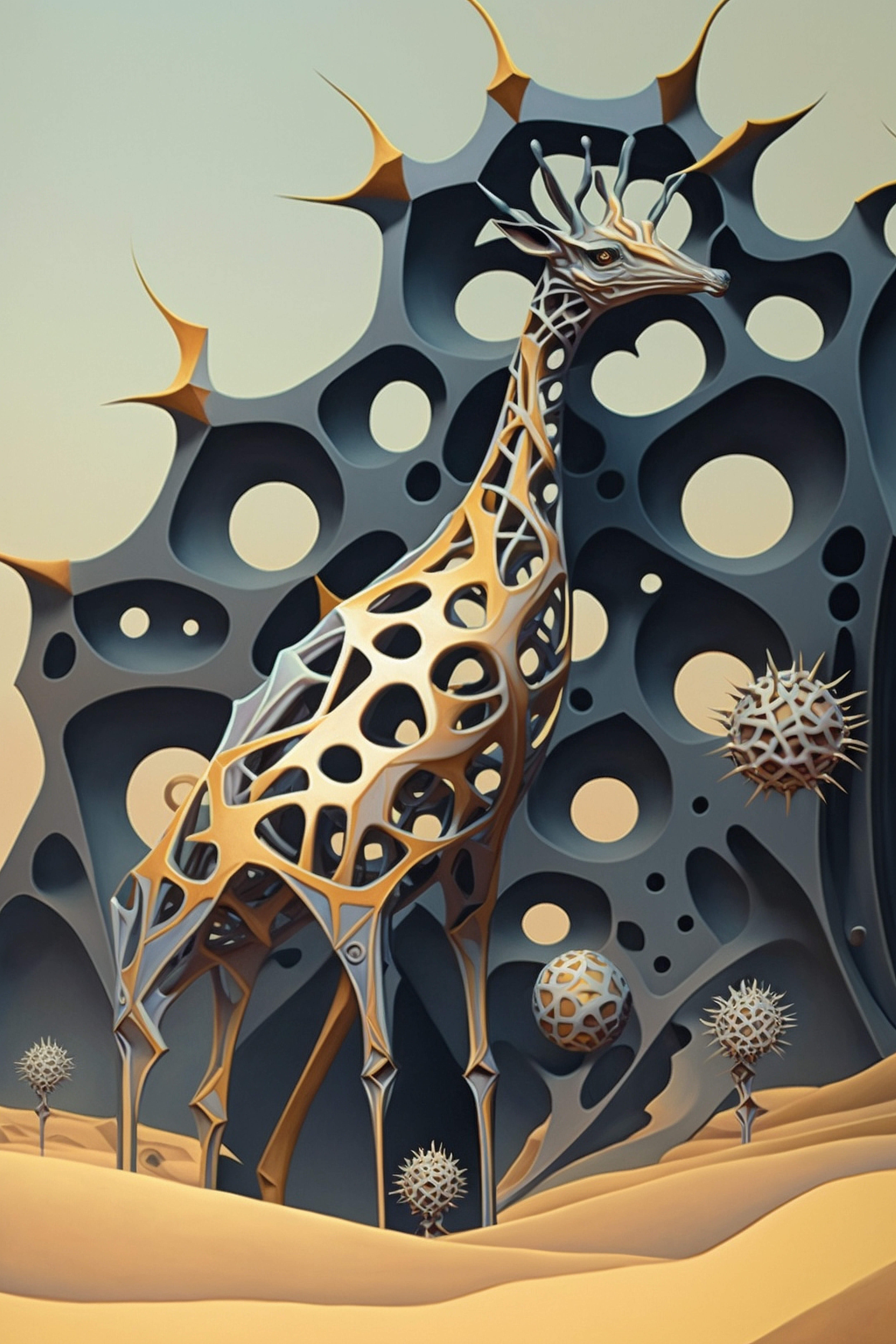 a giraffe sculpture with holes and spikes