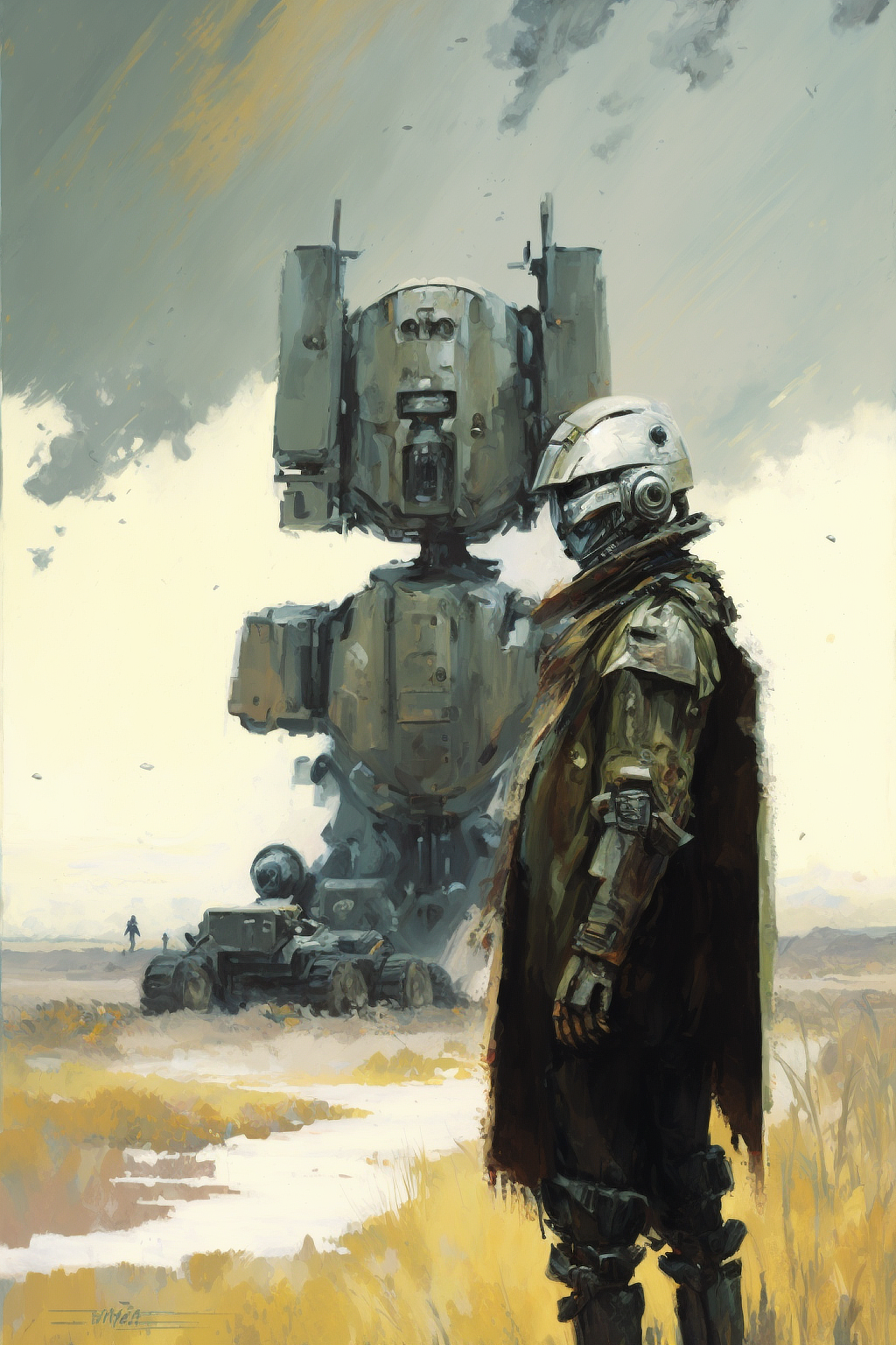 a man in a helmet standing in front of a large robot