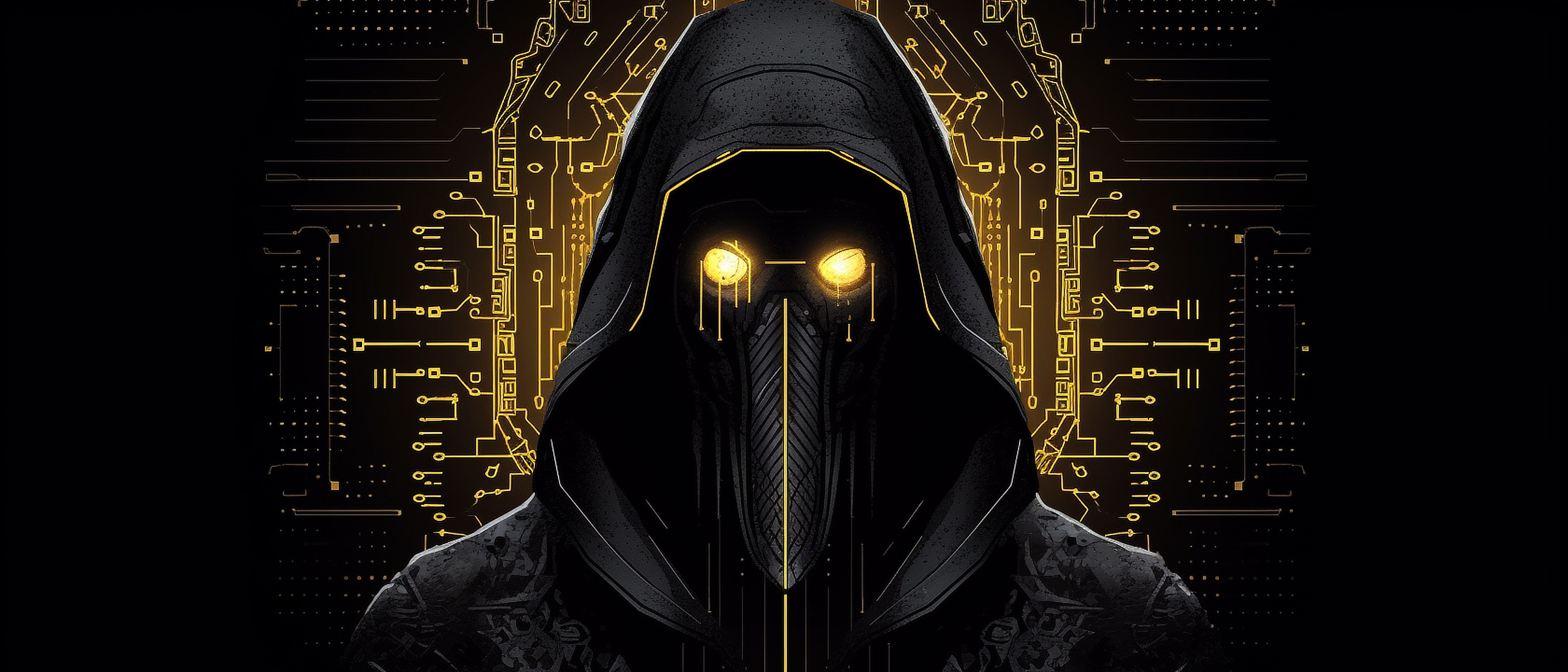 a person wearing a black mask with yellow eyes