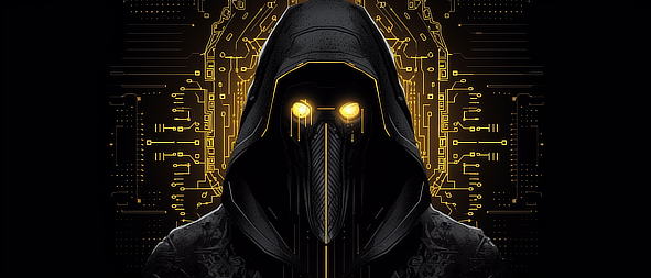 a person wearing a black mask with yellow eyes