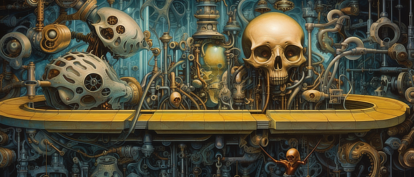 a skull in a room with a man standing in front of a man