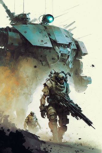 a video game artwork of a soldier walking with a large machine