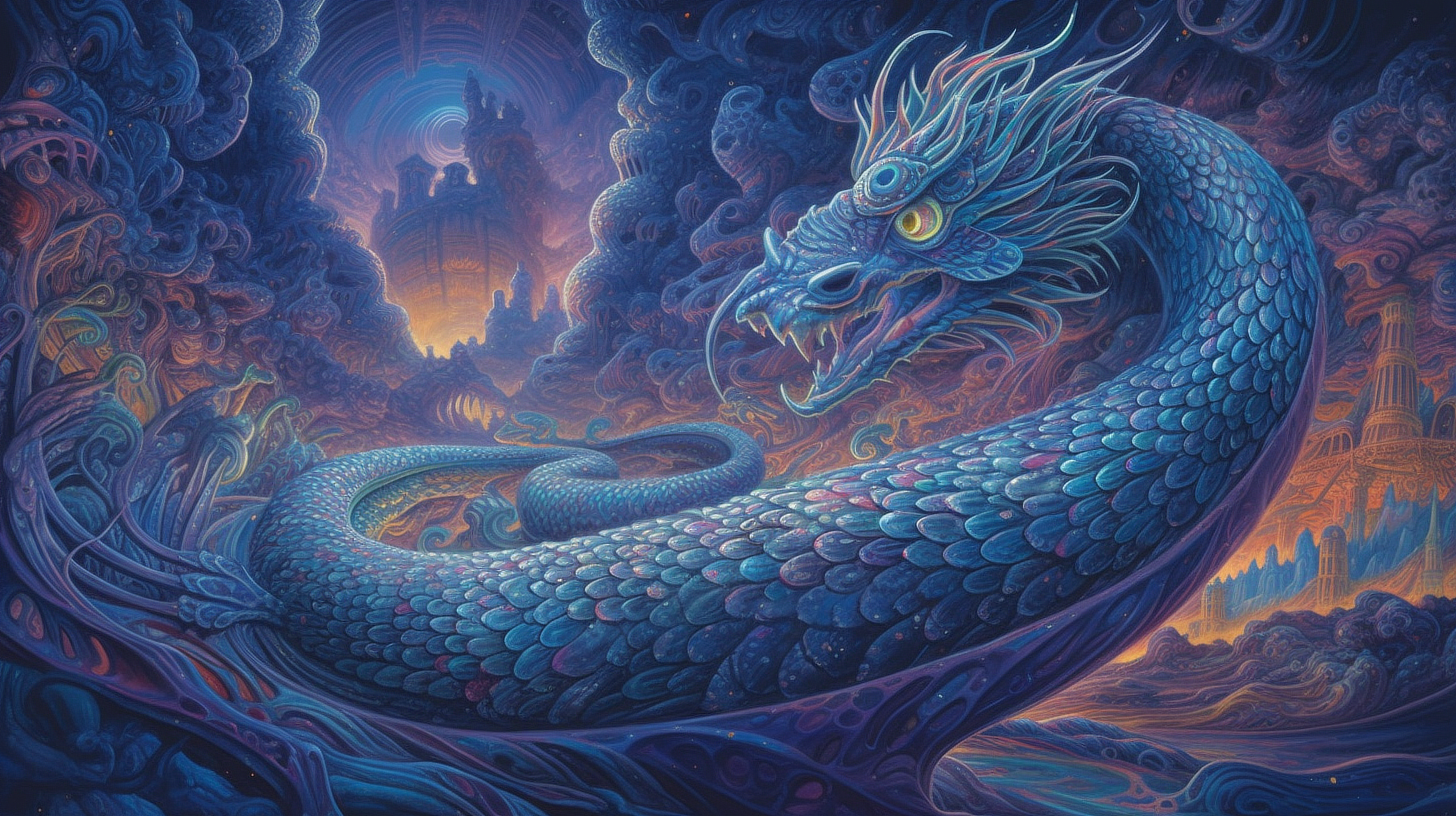 a blue dragon in a forest