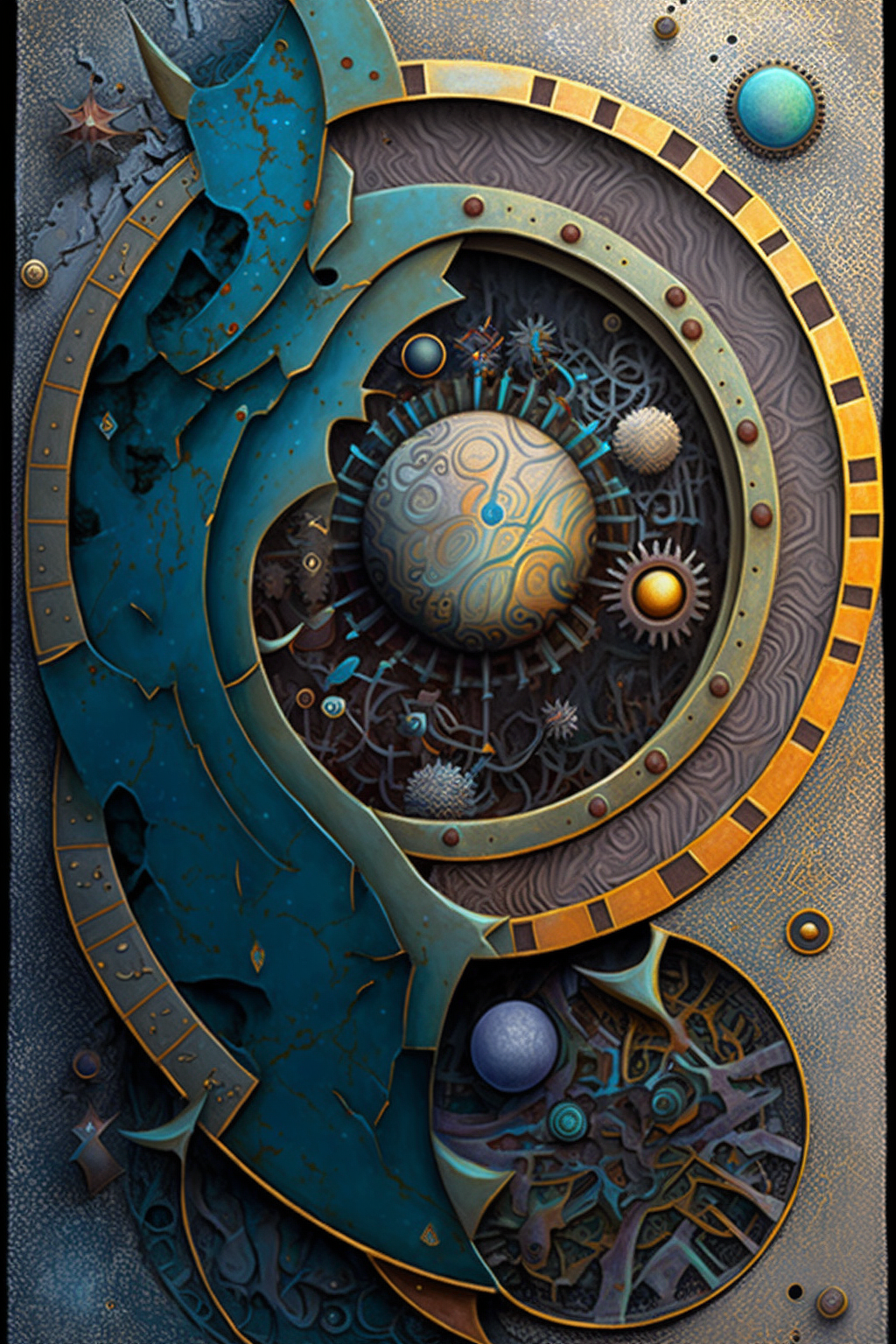 a blue and gold metal artwork