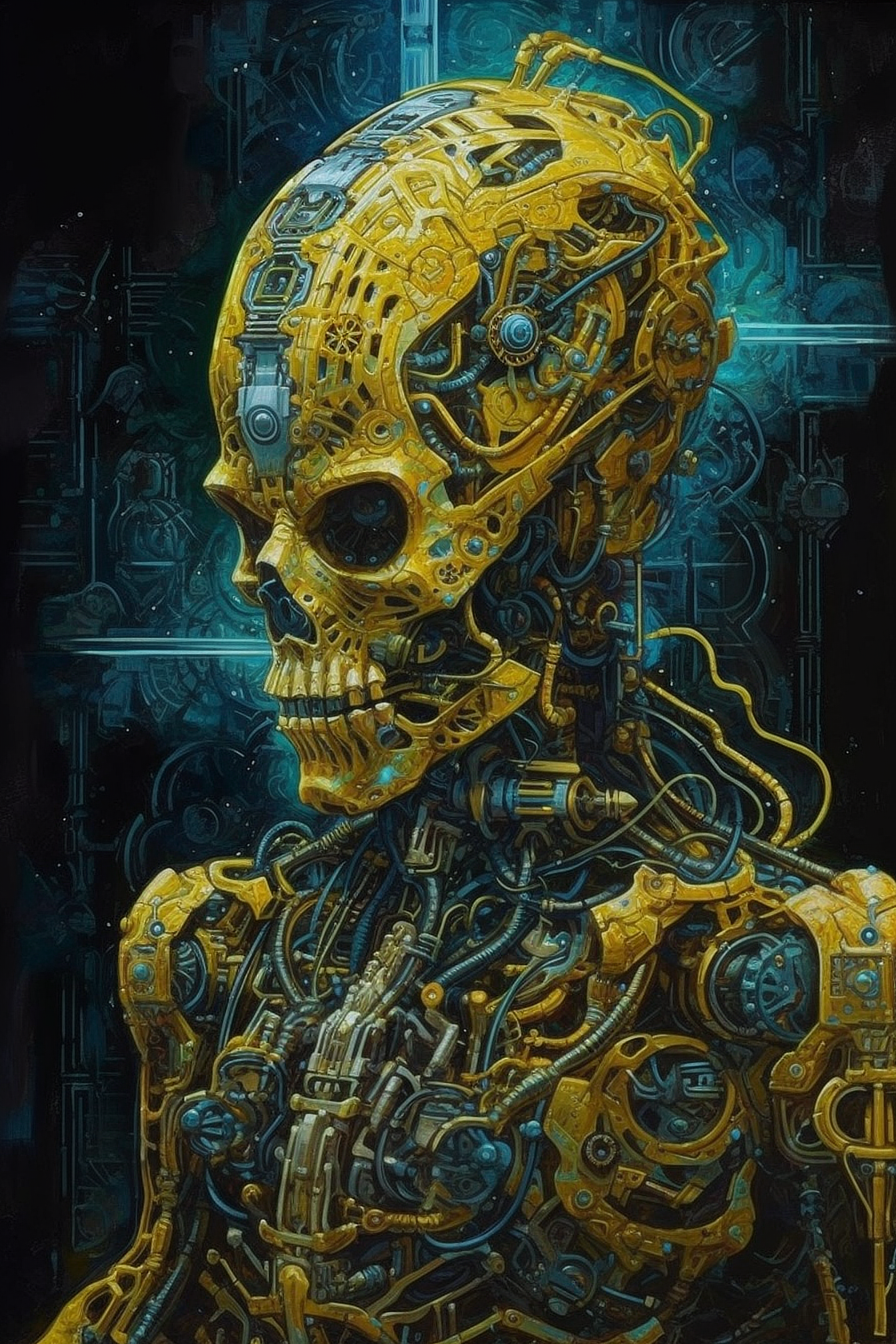 a robot with a skull