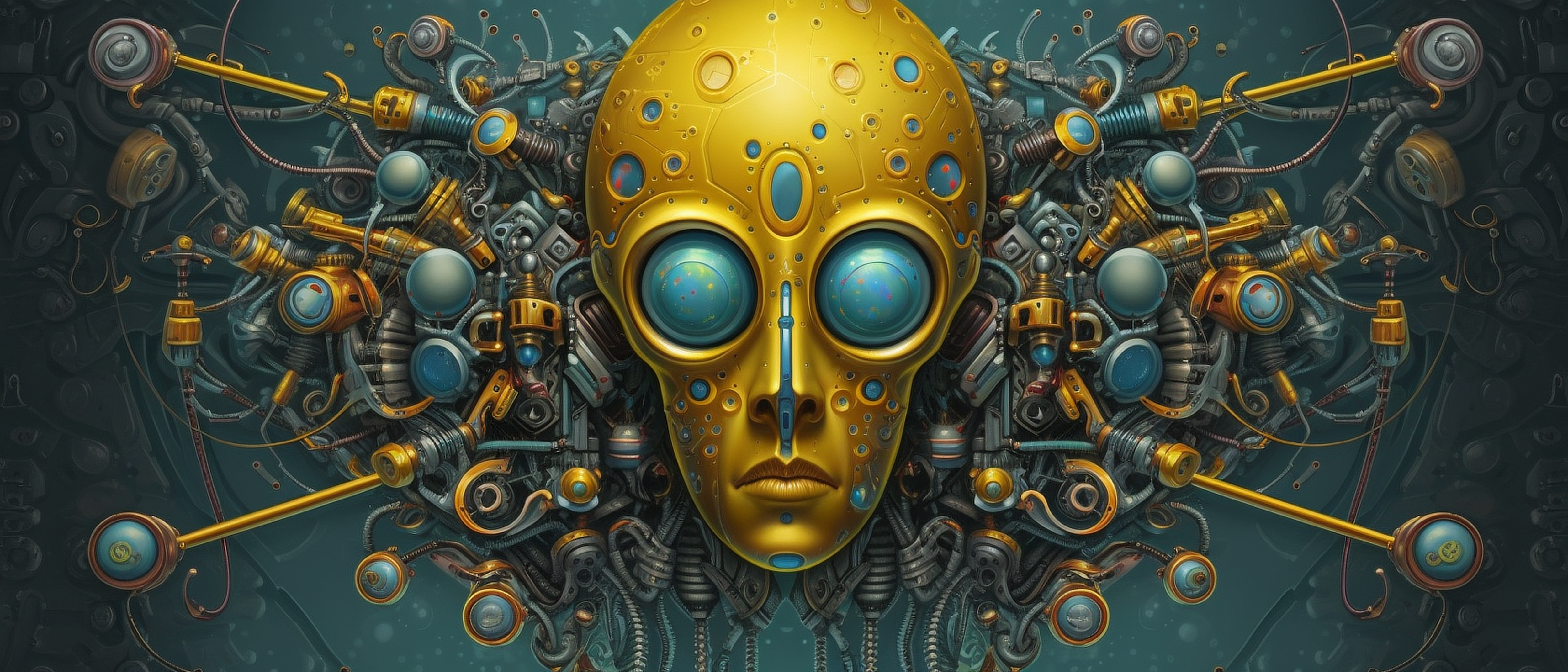 a gold robot face with blue and green metal parts