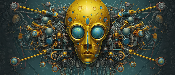 a gold robot face with blue and green metal parts