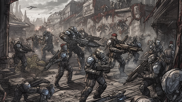 a group of people in armor holding guns