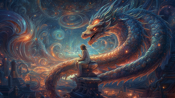 a person sitting on a statue with a dragon