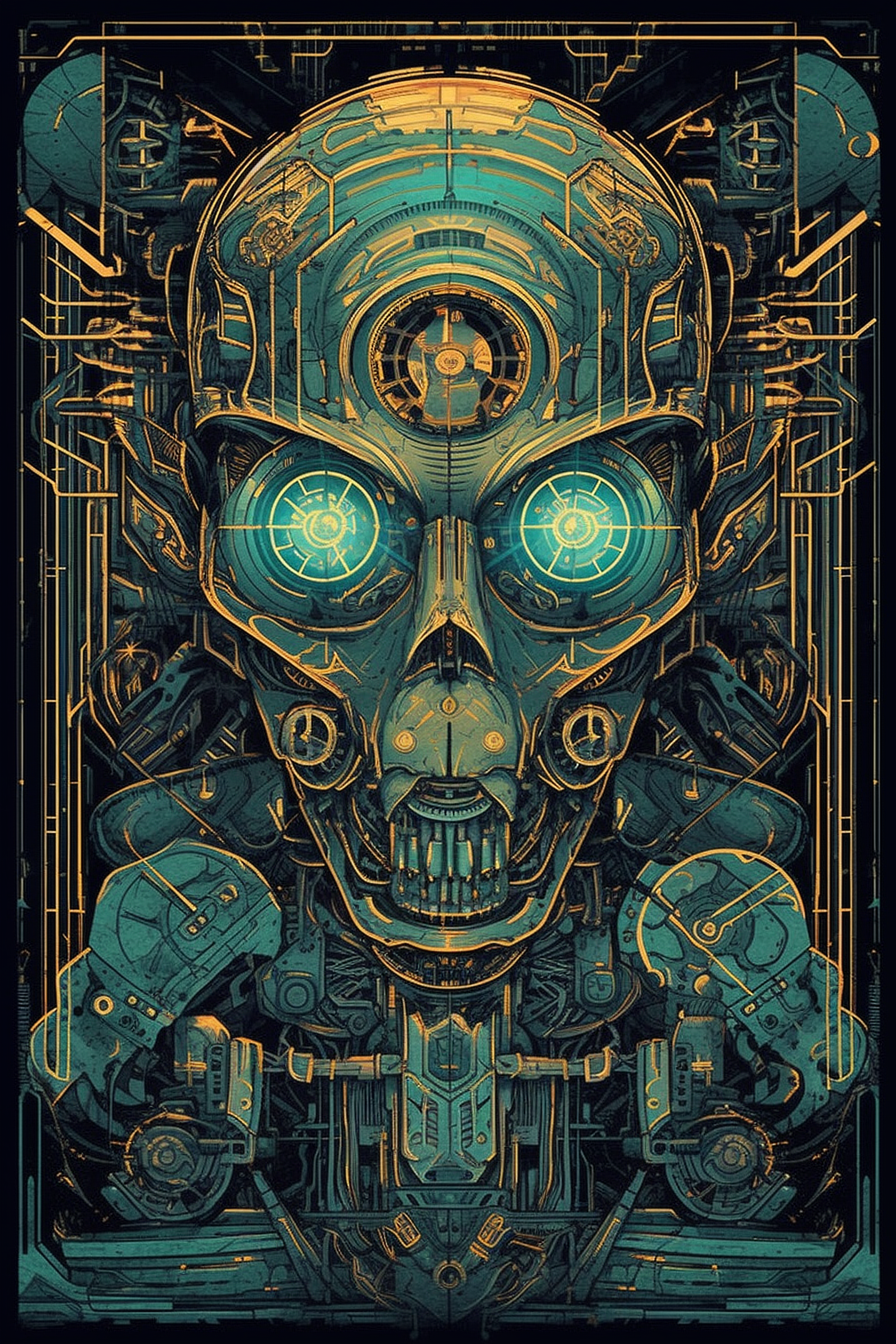 a robot with many eyes and a black background