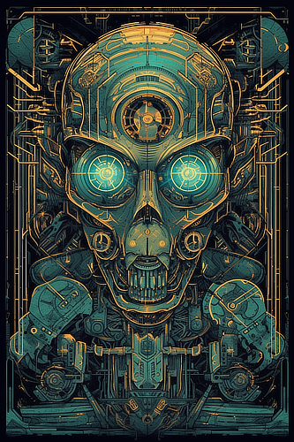 a robot with many eyes and a black background