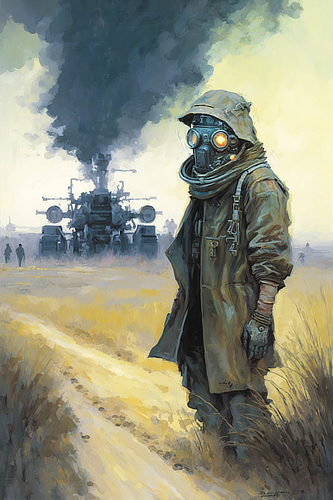 a person wearing a gas mask and a trench coat walking in a field