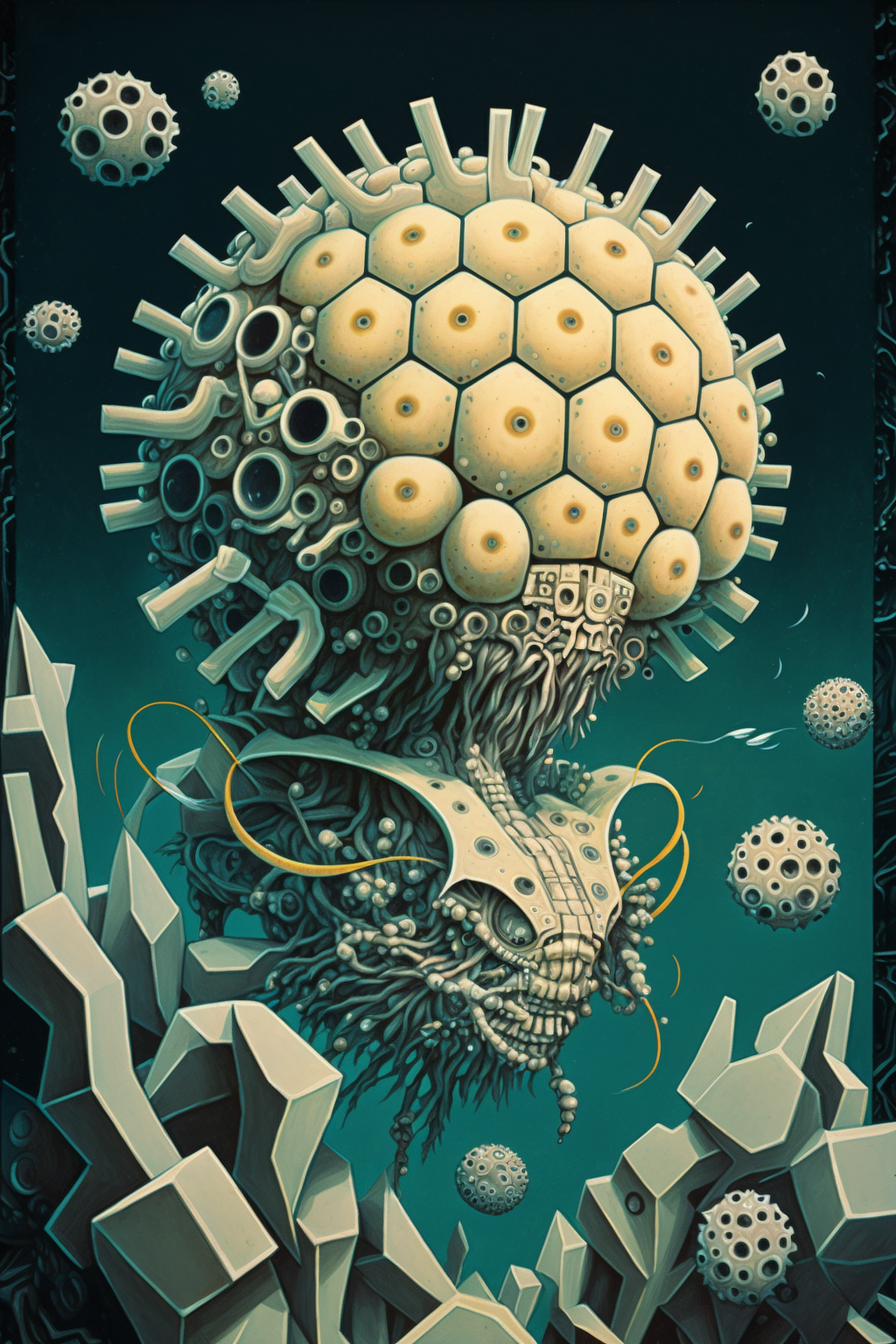 a artwork of a monster with a large round object