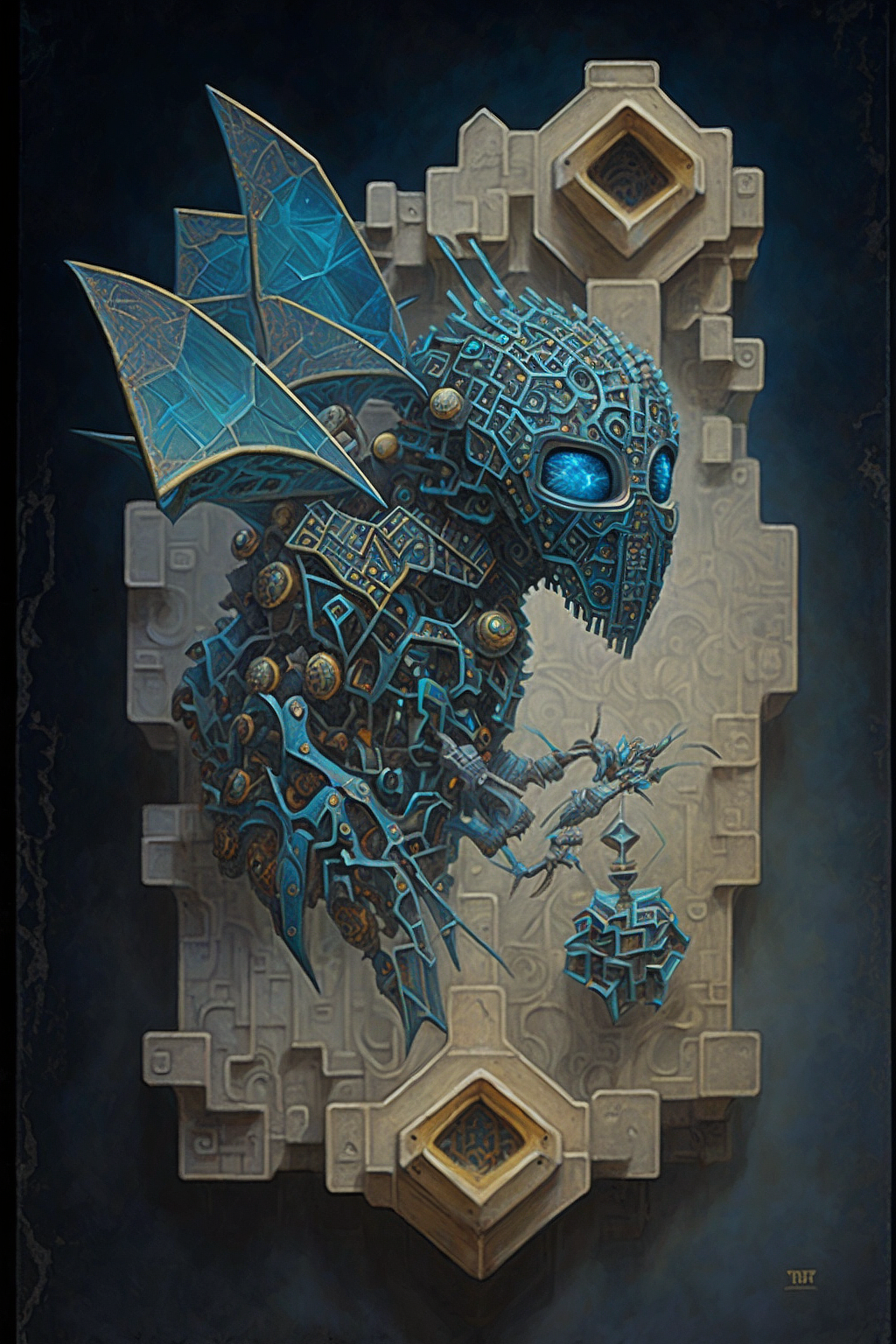 a blue and gold dragon with wings and wings