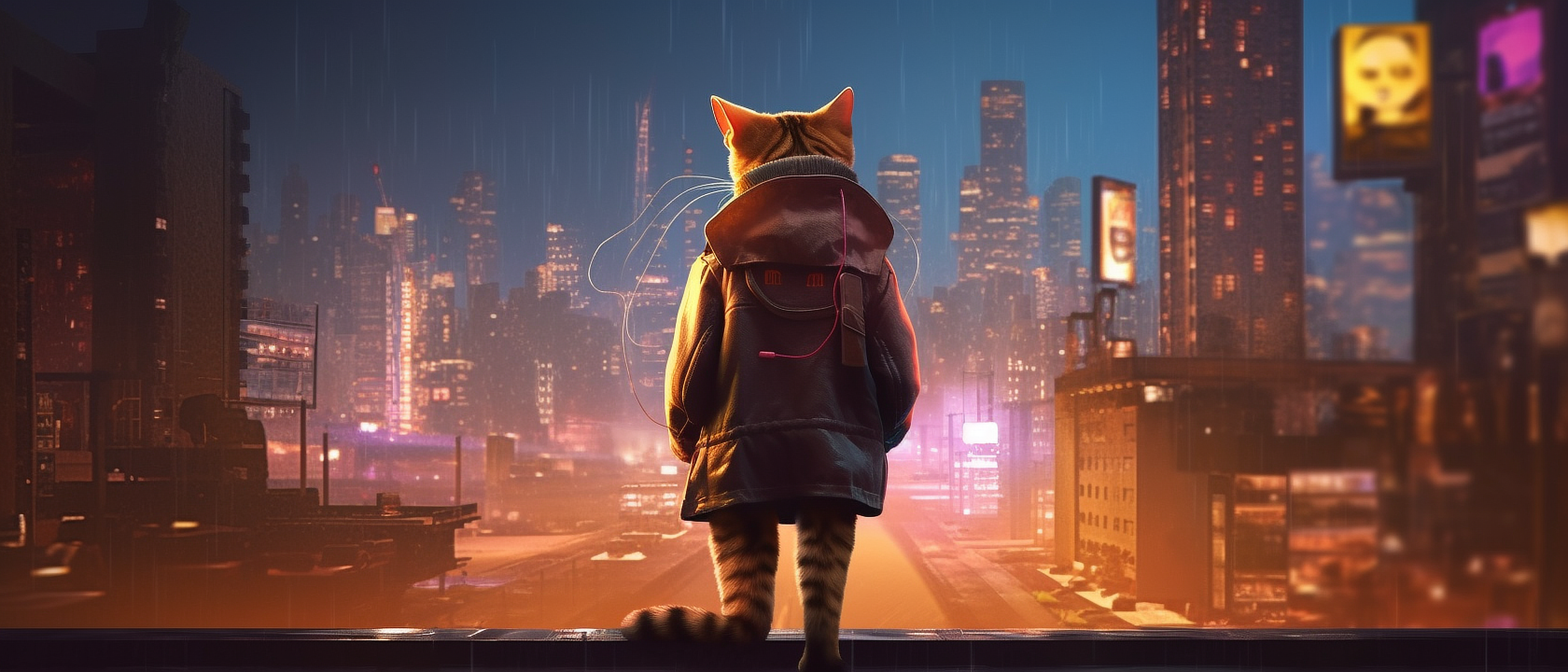 a cat wearing a leather jacket looking at a city