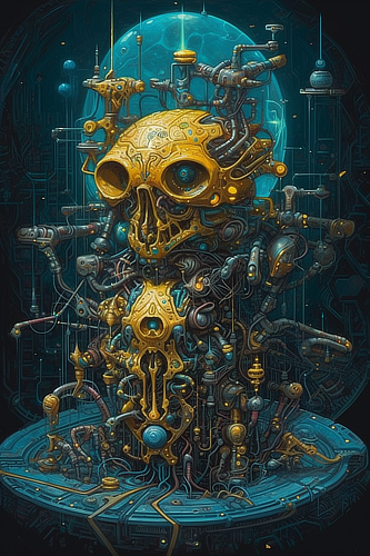 a robot with a skull